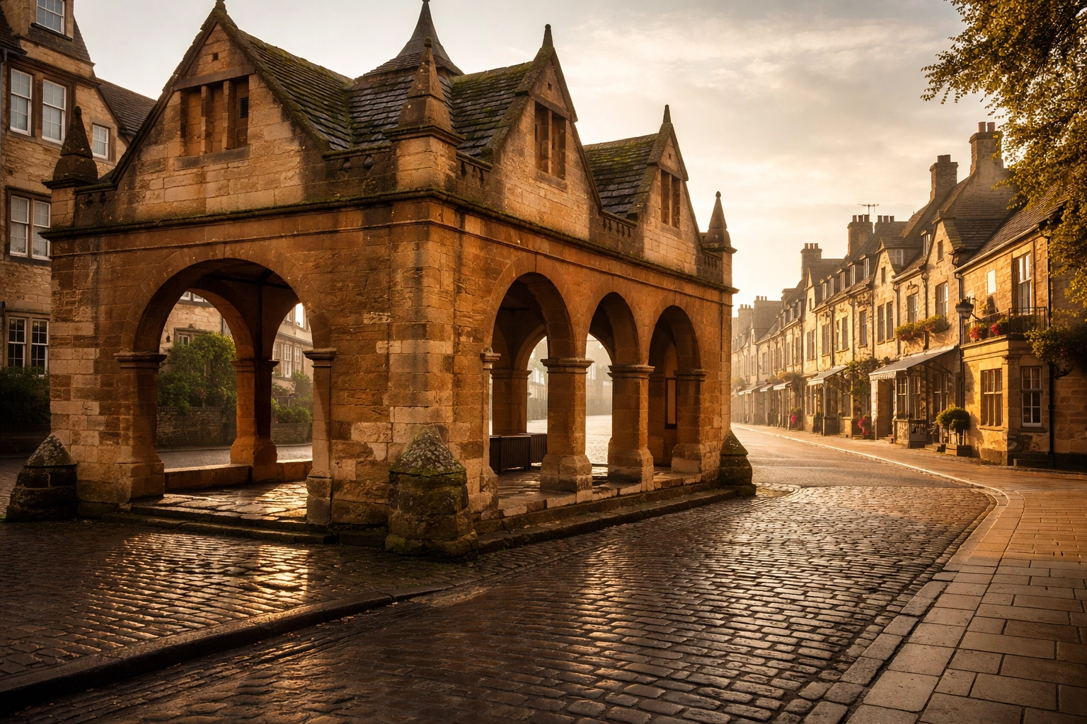 Chipping Campden Market Hall in morning sunlight, showcasing historic Cotswolds limestone architecture.