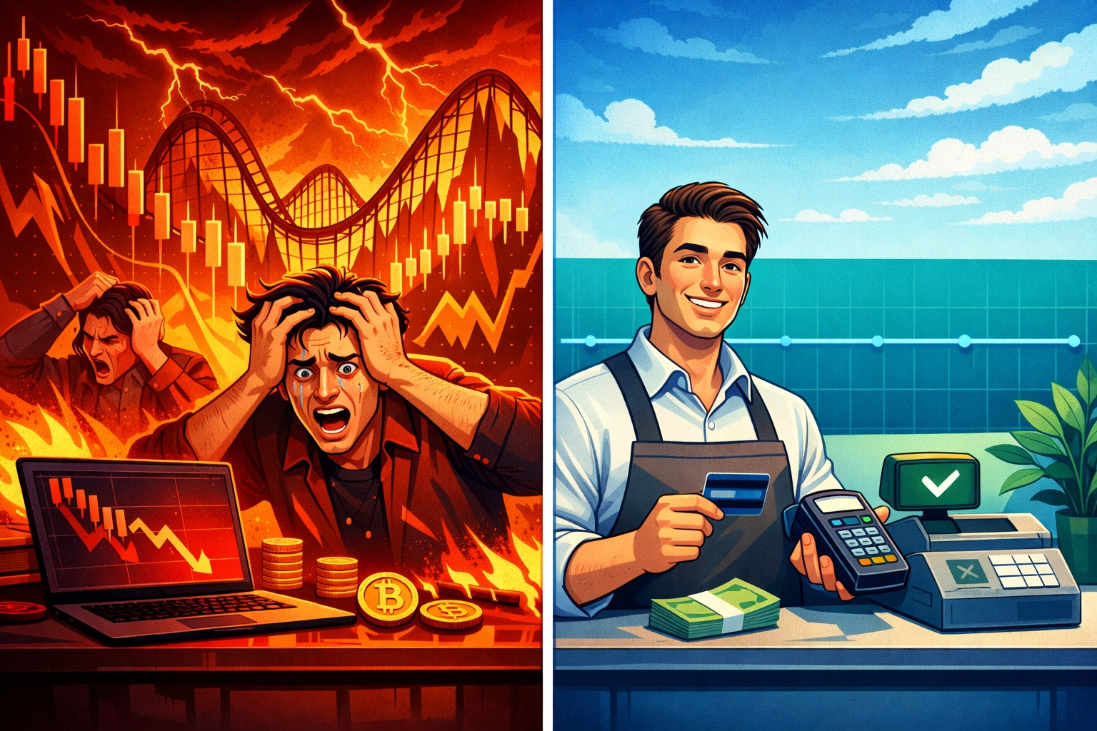Comparison of volatile cryptocurrency payments versus stable LUSD stablecoin transactions