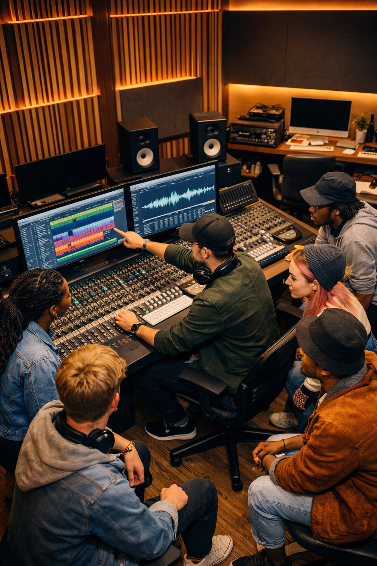 Music industry experts collaborating at the Tunes On Top Academy production and learning lab.