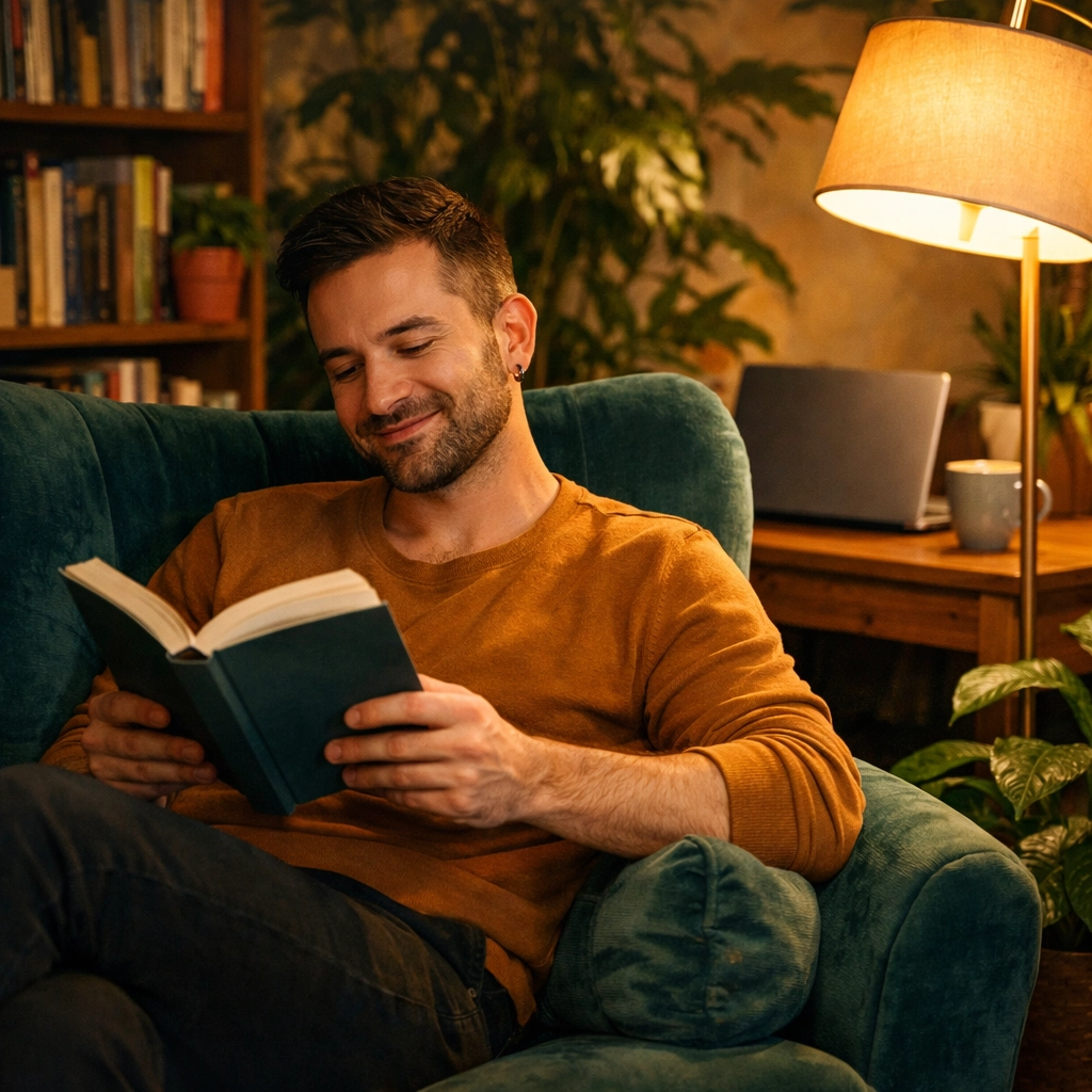 A person relaxing at home reading queer fiction to recharge and avoid burnout in their professional career.