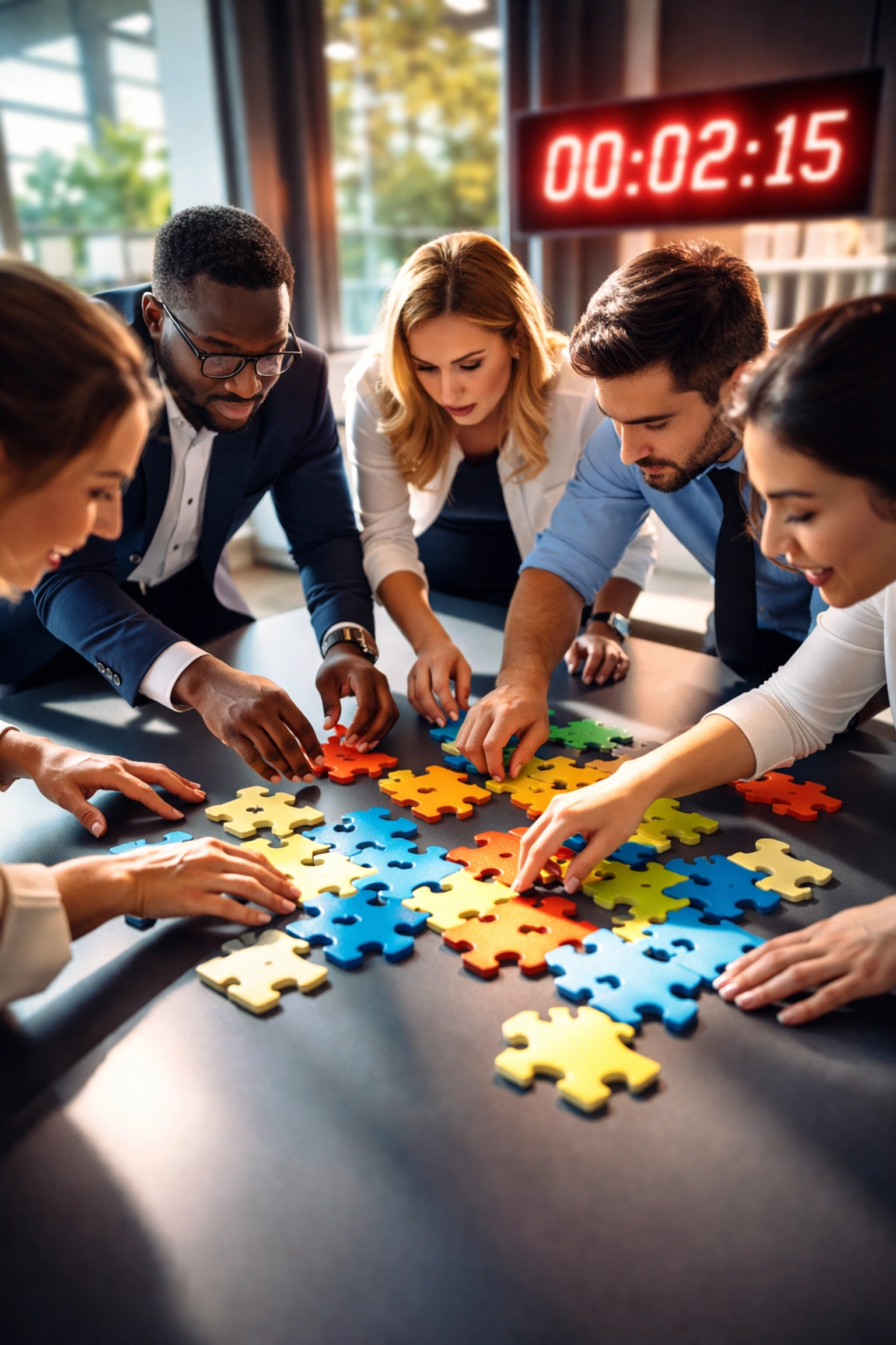 Employees intensely collaborating on a colorful jigsaw puzzle under time pressure, illustrating the benefits of puzzle competitions for decision-making and mental stimulation.