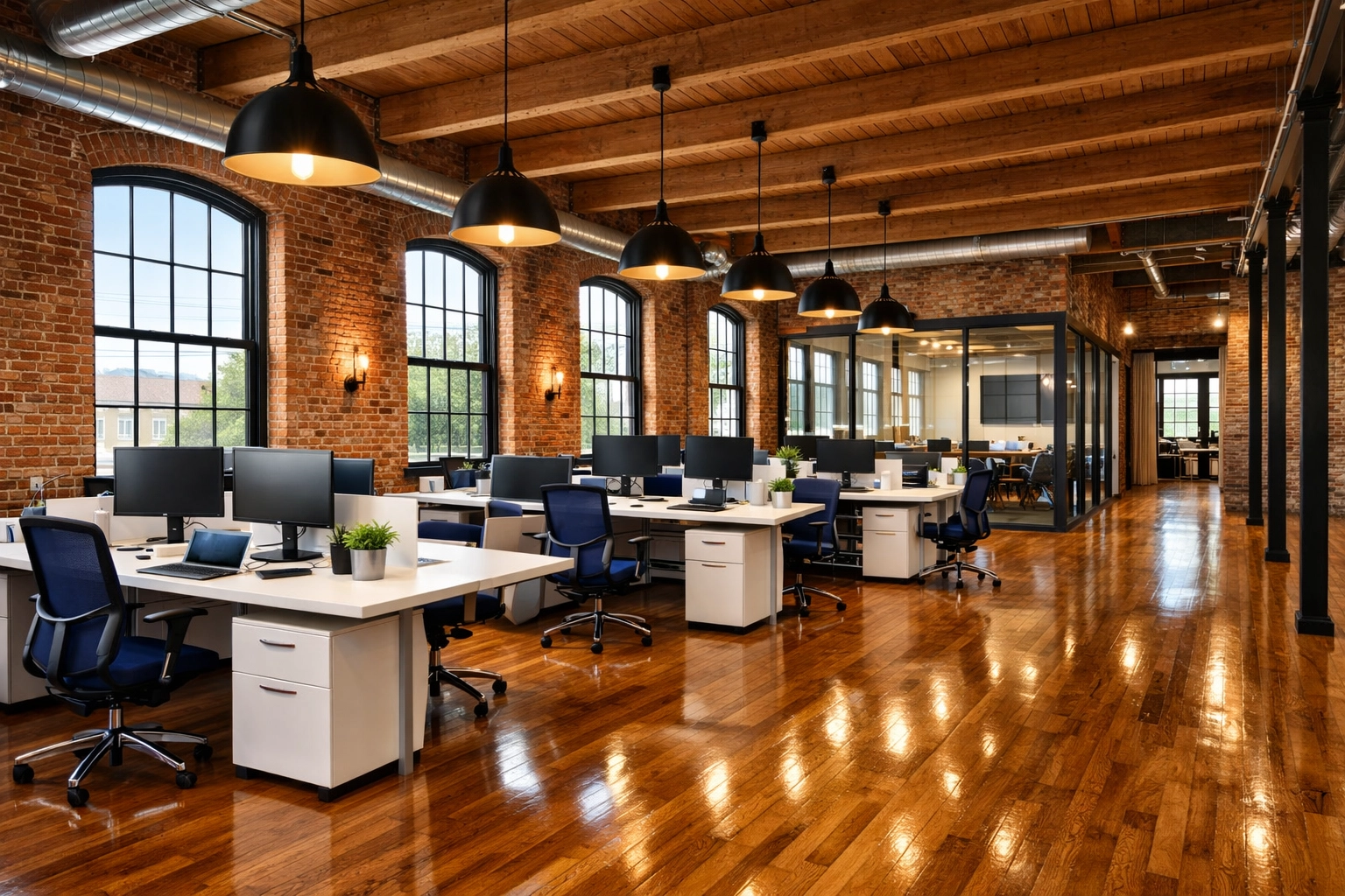 Modern Westfield MA office with polished floors and clean workstations showcasing professional janitorial standards.