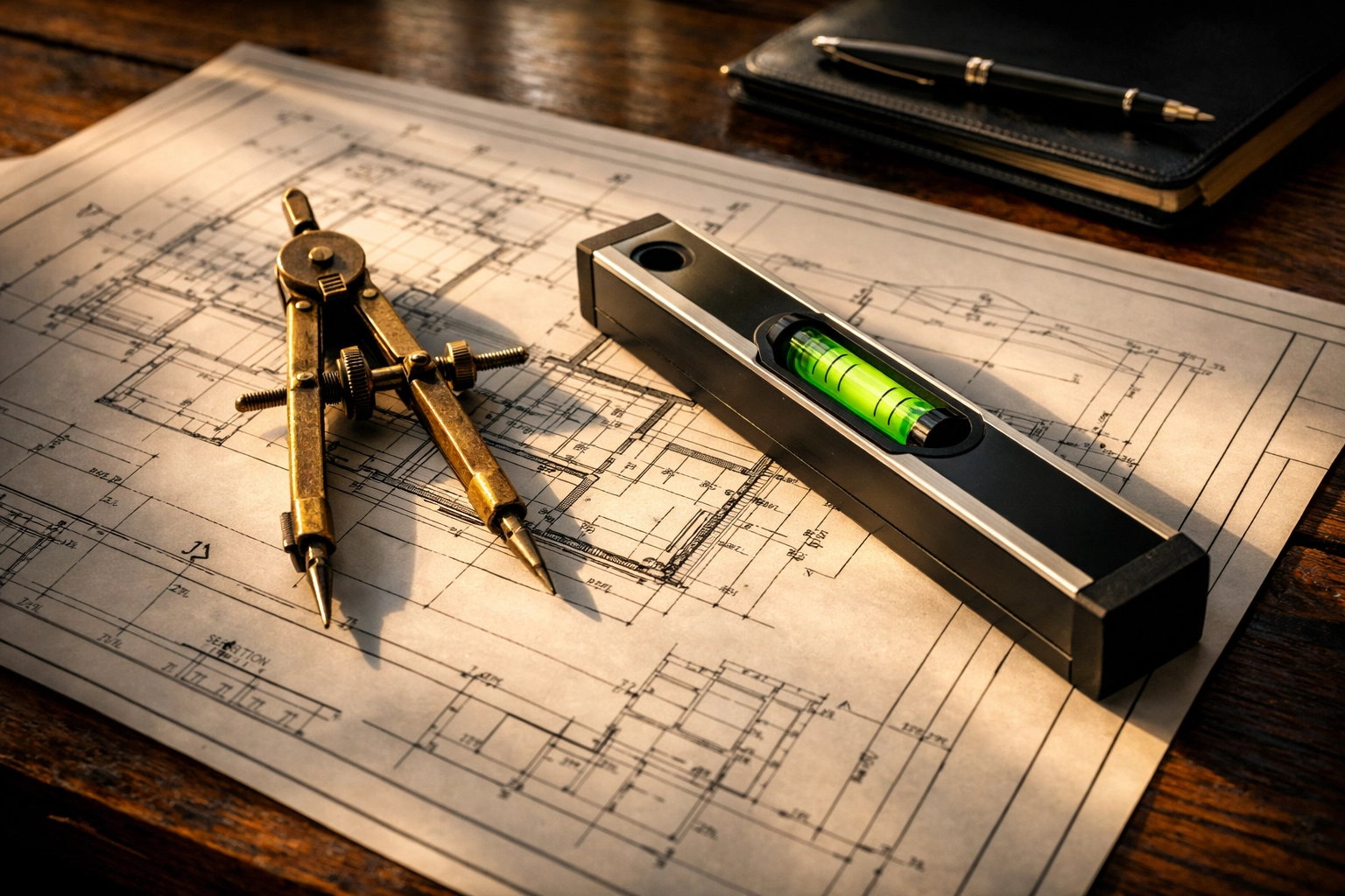 Detailed architectural blueprints and construction tools of a professional builder in Bognor Regis.