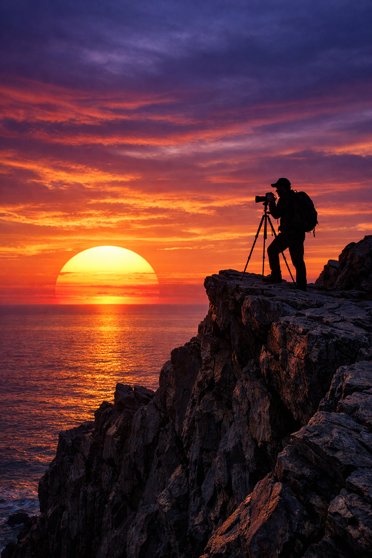Silhouette of a photographer on a cliff at sunset, a classic look for photography for beginners.