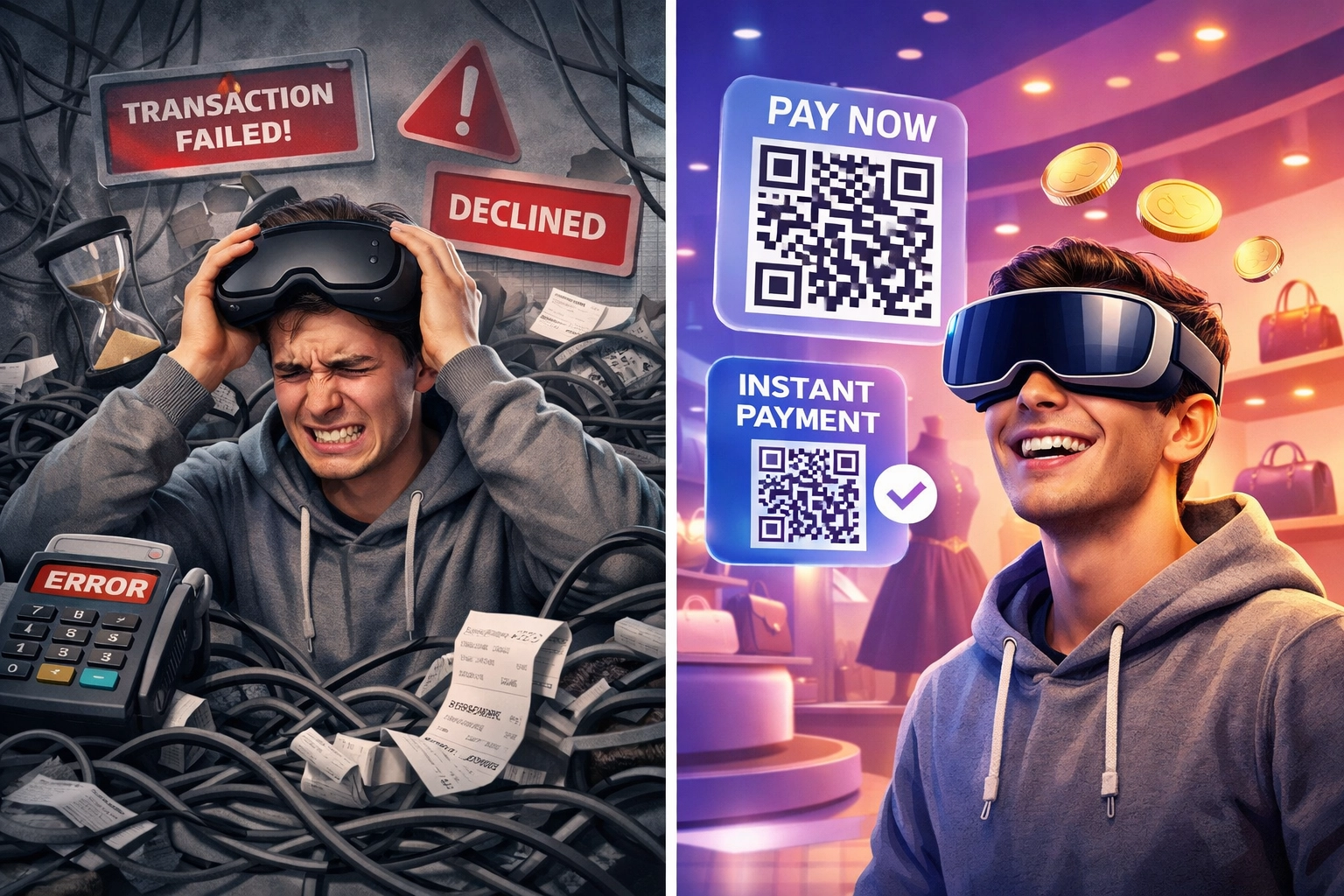 Comparison of clunky traditional VR checkout versus seamless Web3 payment experience in virtual store