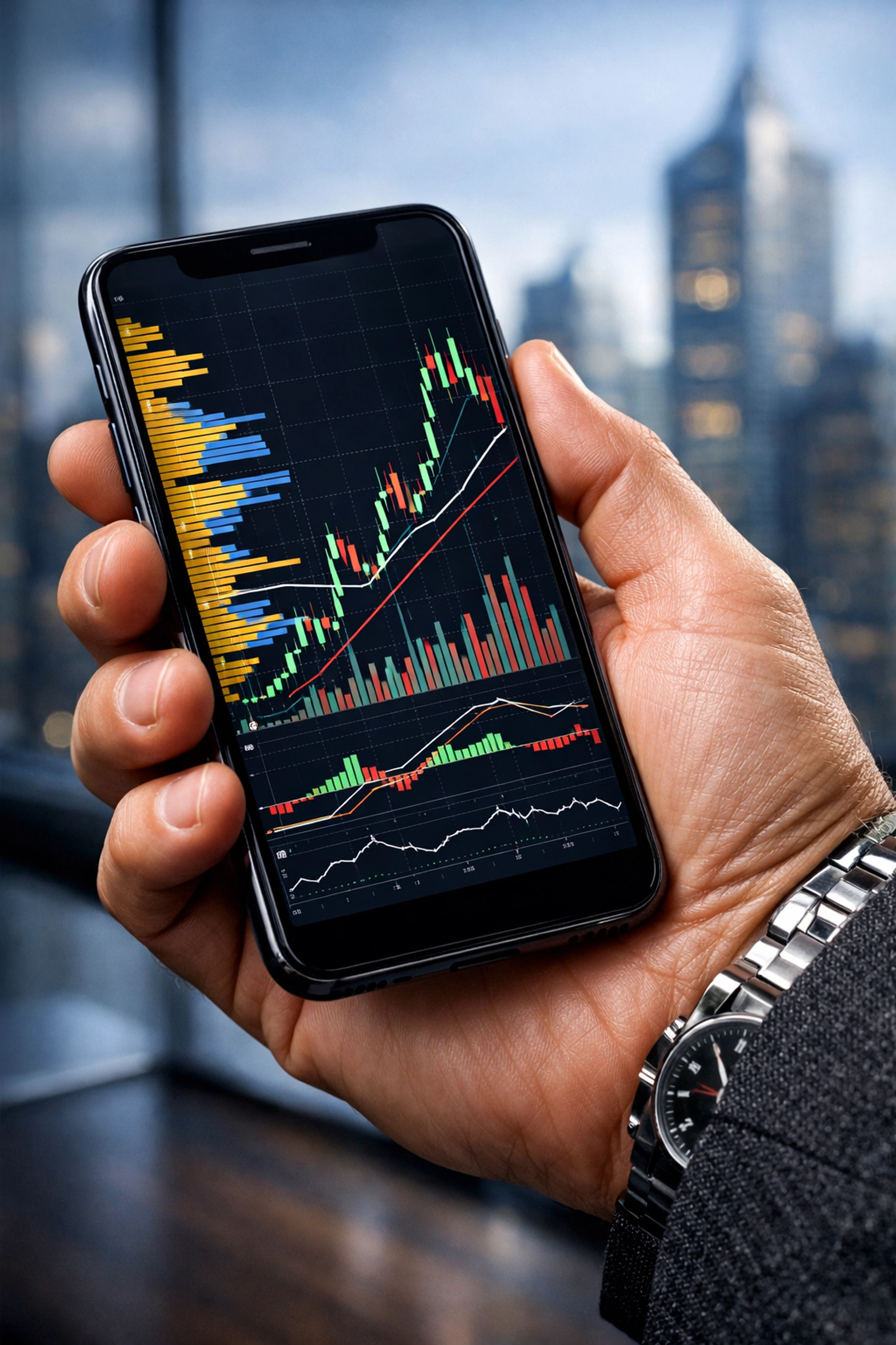 A trader tracking Dow Jones futures volume profile charts on a mobile trading app for risk management.