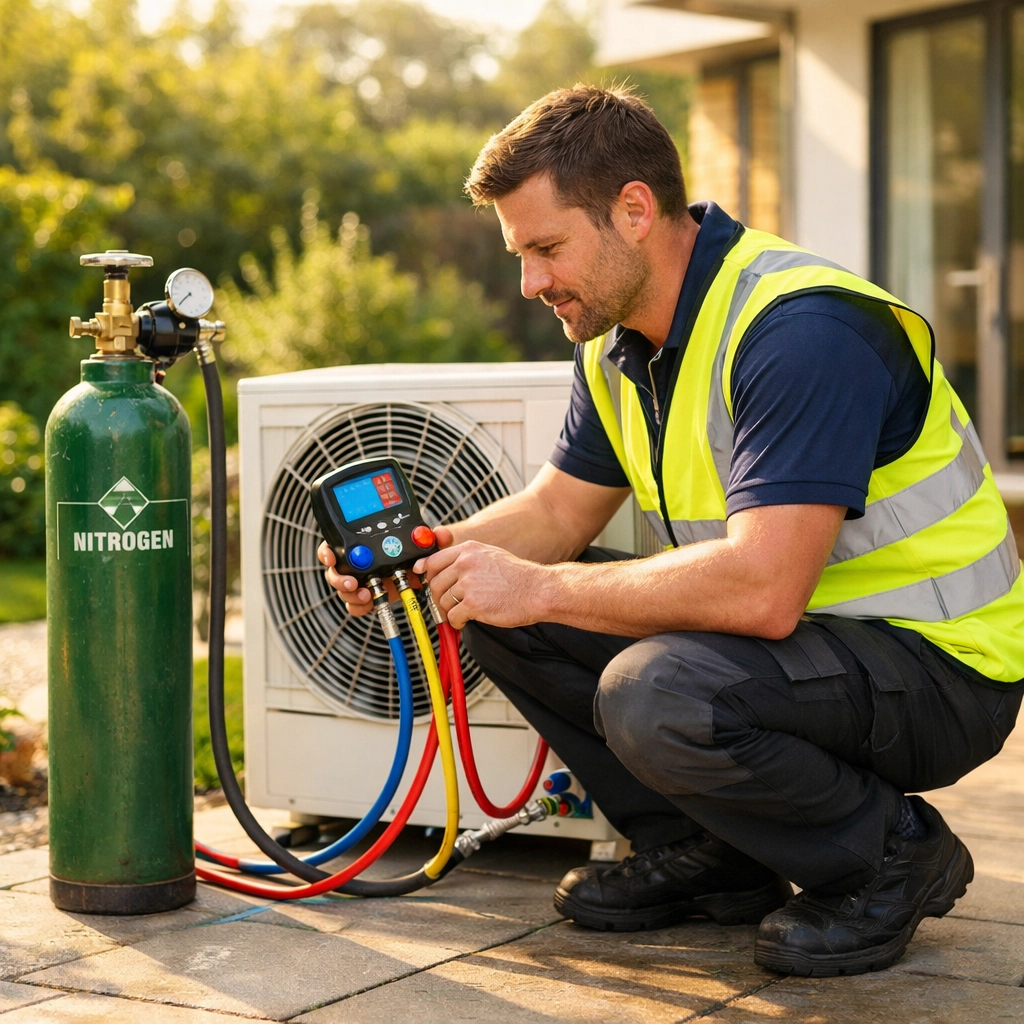 HVAC engineer performing an air conditioning pressure test using a nitrogen cylinder and digital manifold gauge.