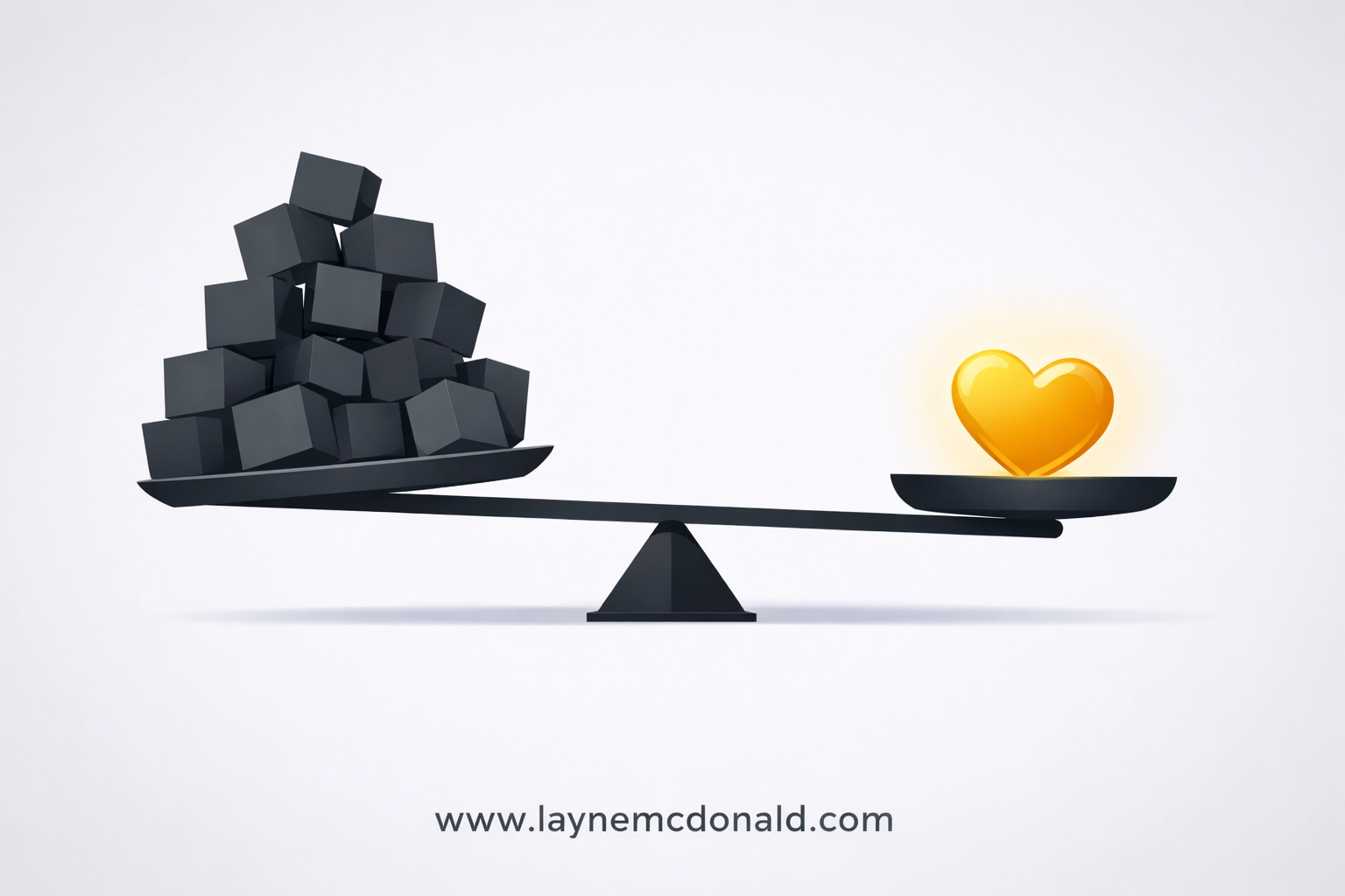 Minimalist scale where a golden heart representing identity outweighs heavy blocks of performance and tasks.