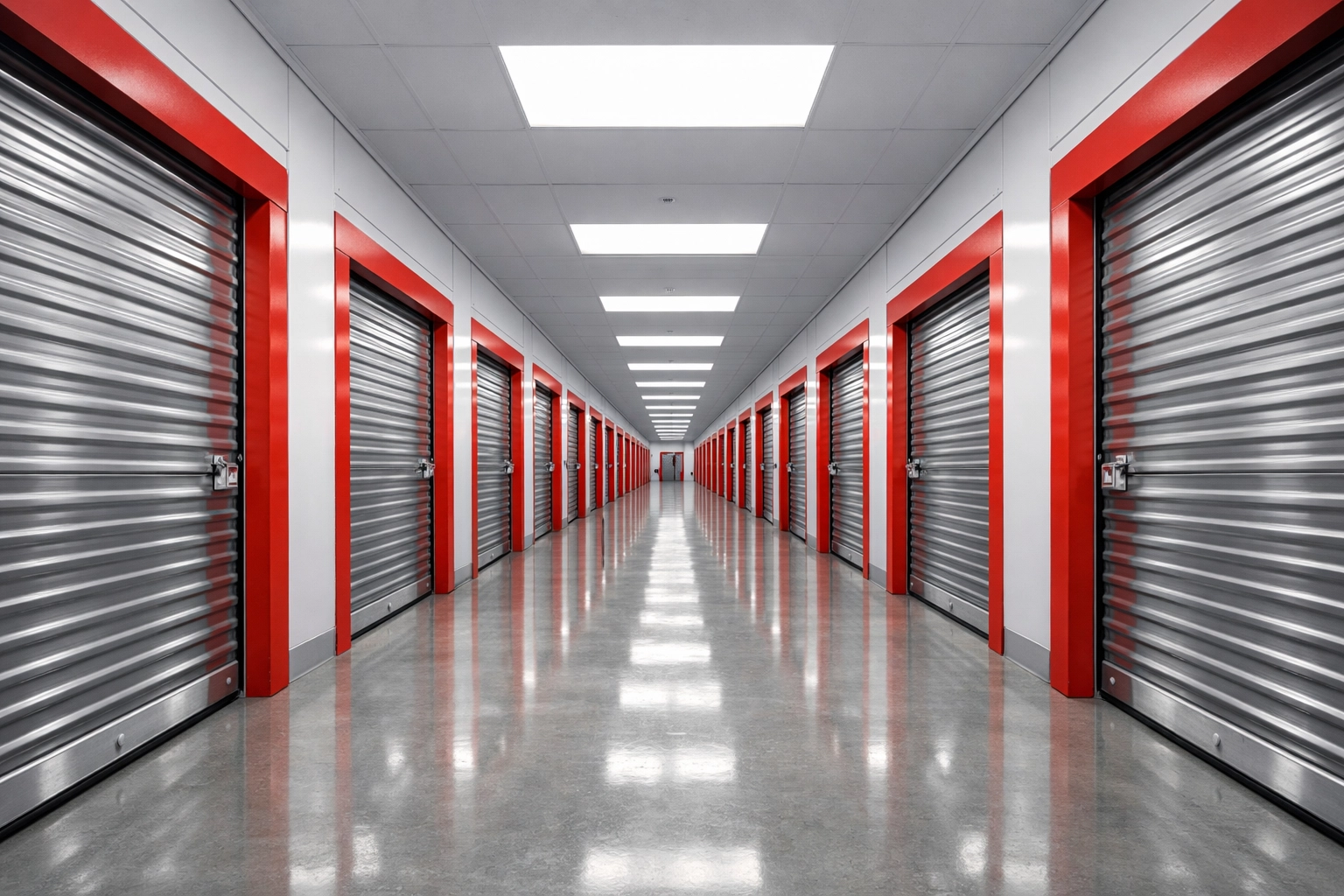 Clean interior corridor of a secure Hertford storage facility showing various unit sizes.