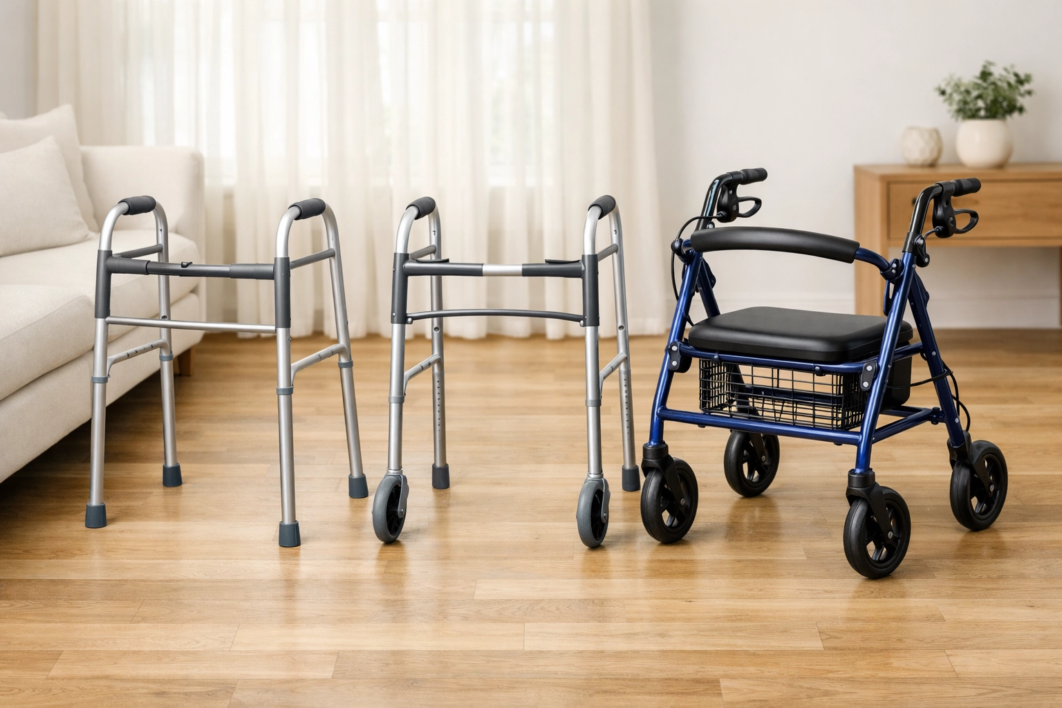 Comparison of three mobility aids including a standard walker, front-wheeled walker, and a four-wheeled rollator.
