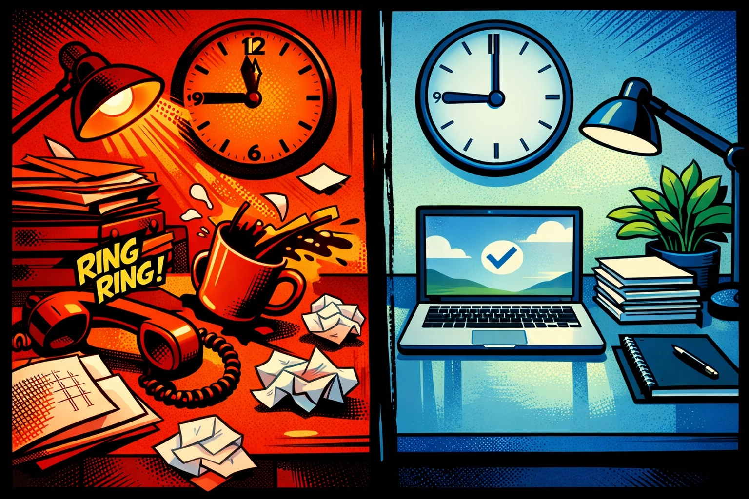 Chaotic office desk before and organized workspace after implementing business automation