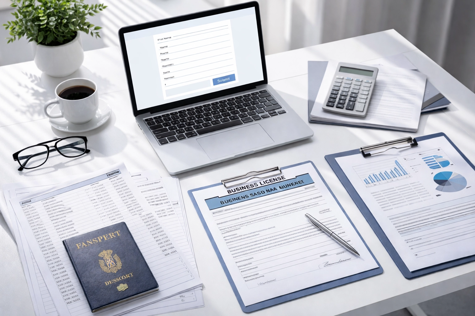 Organized desk with business documentation, emphasizing proper paperwork for high risk merchant account approval