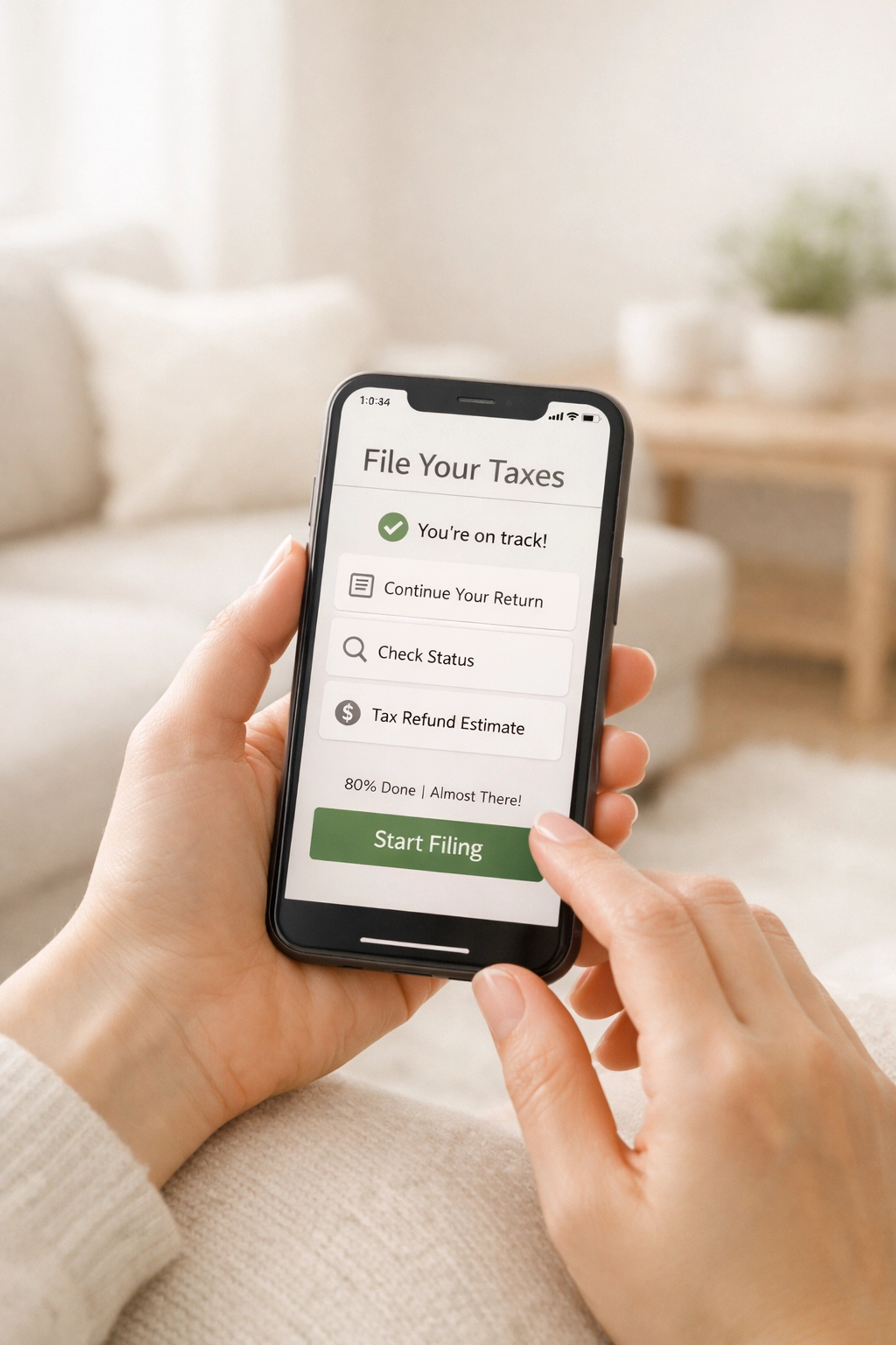 Using mobile tax filing app on smartphone at home