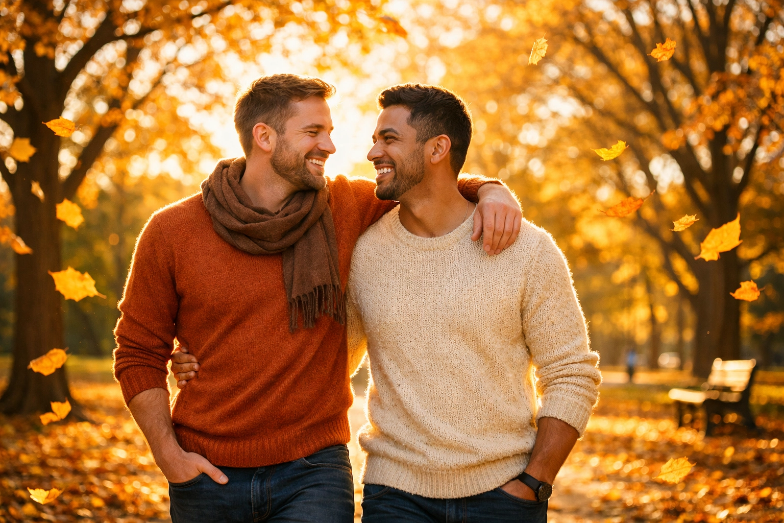 A joyful gay couple walking together in a sunny park, showcasing the happy conclusion of a gay love story.