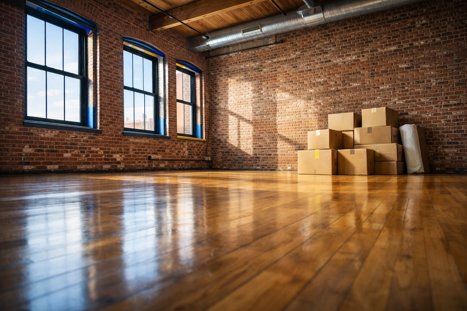 Empty loft in Worcester Canal District ready for professional move-out cleaning service.