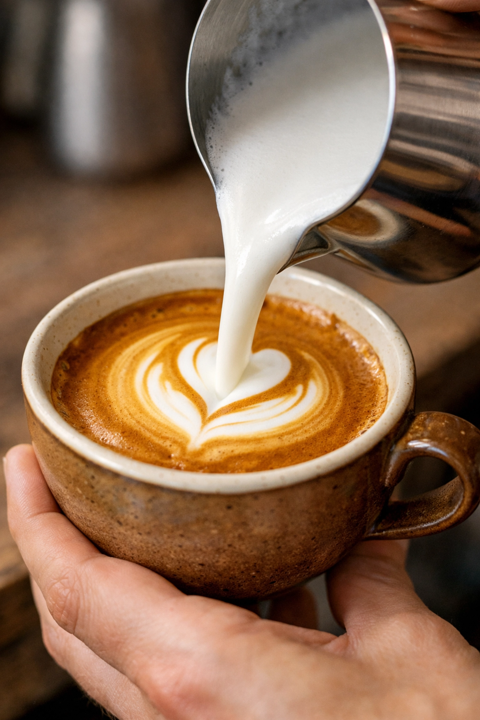 Professional barista pouring silky microfoam into a cup of specialty coffee for perfect latte art.