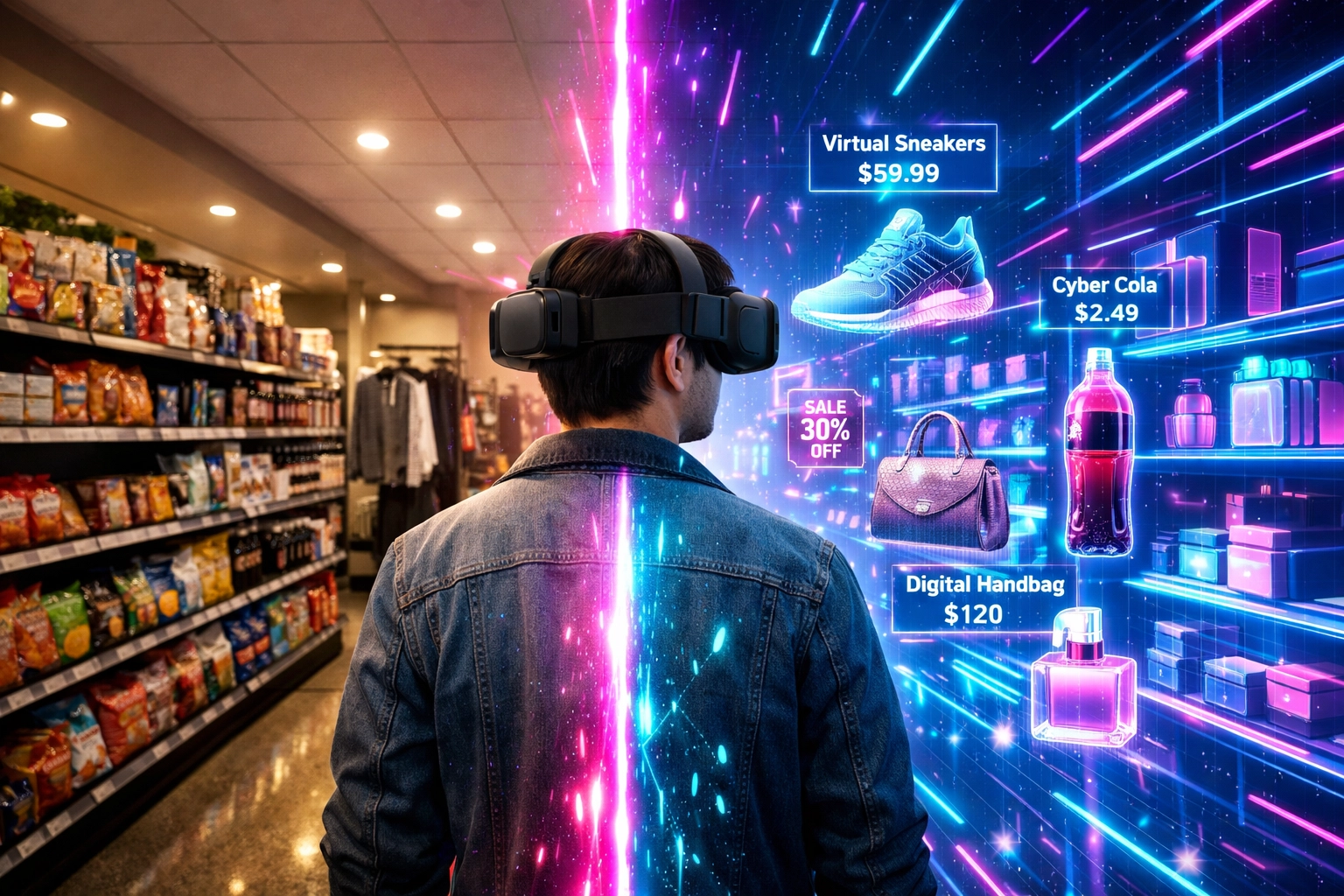 VR metaverse shopping experience blending physical retail with virtual commerce