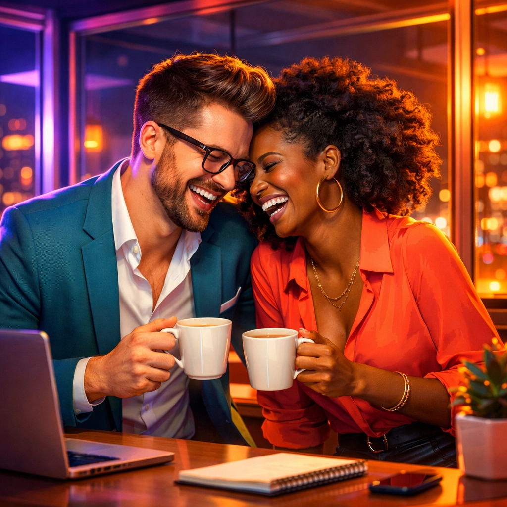 Two professionals laughing over coffee in modern office workspace