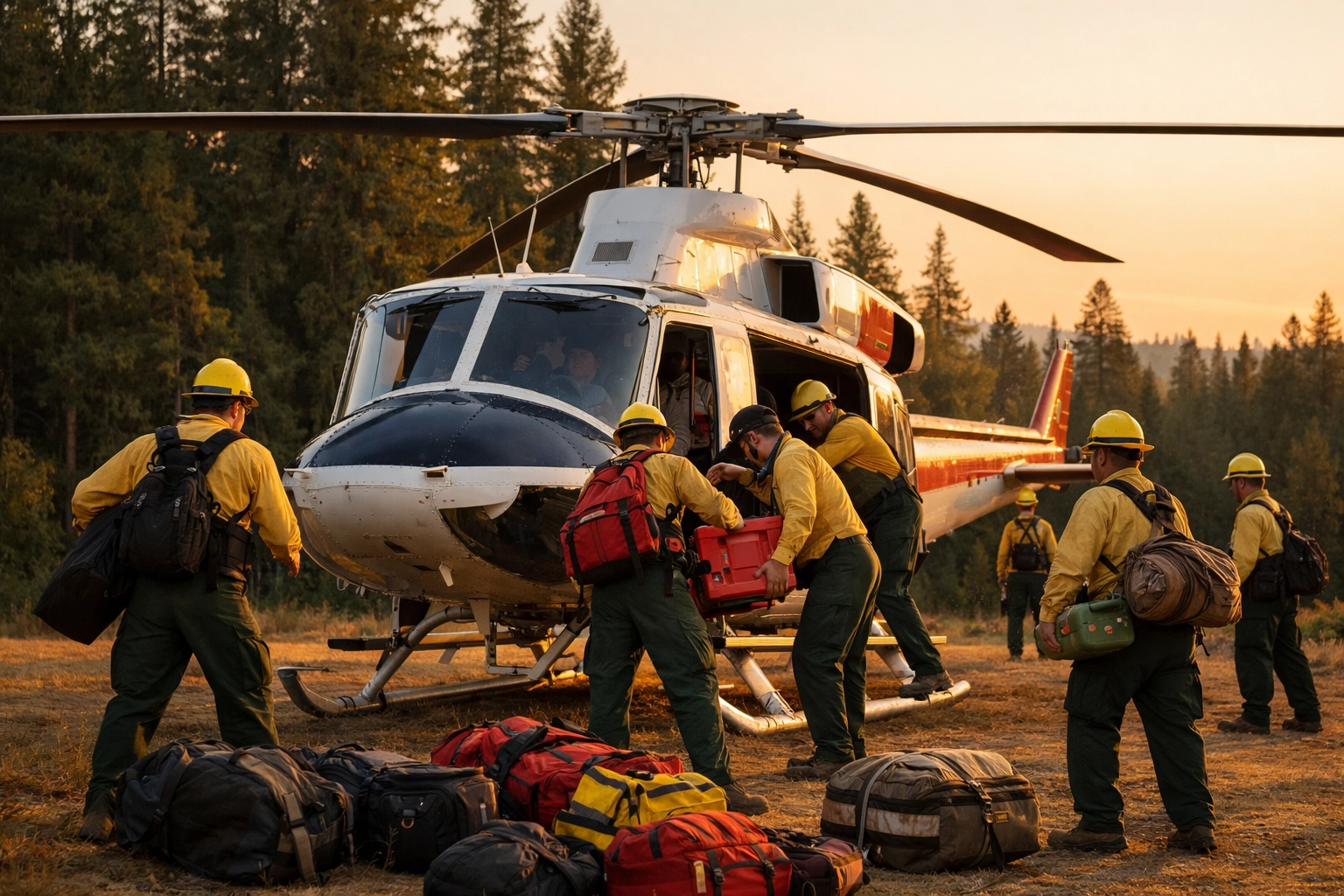 Wildland firefighter crew loading equipment into helicopter during fire season deployment