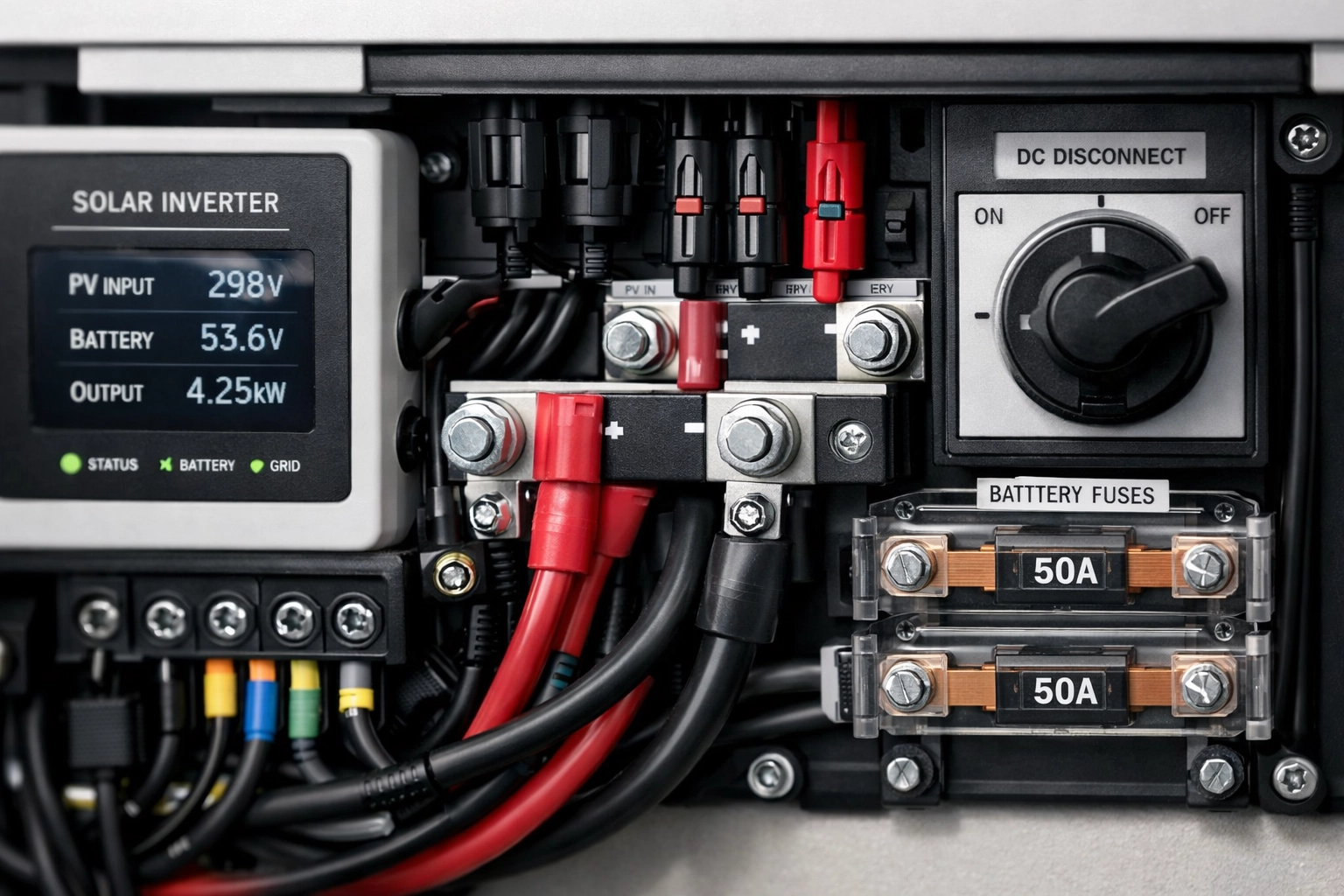 Close-up of a professional solar inverter and battery storage installation by DES experts.