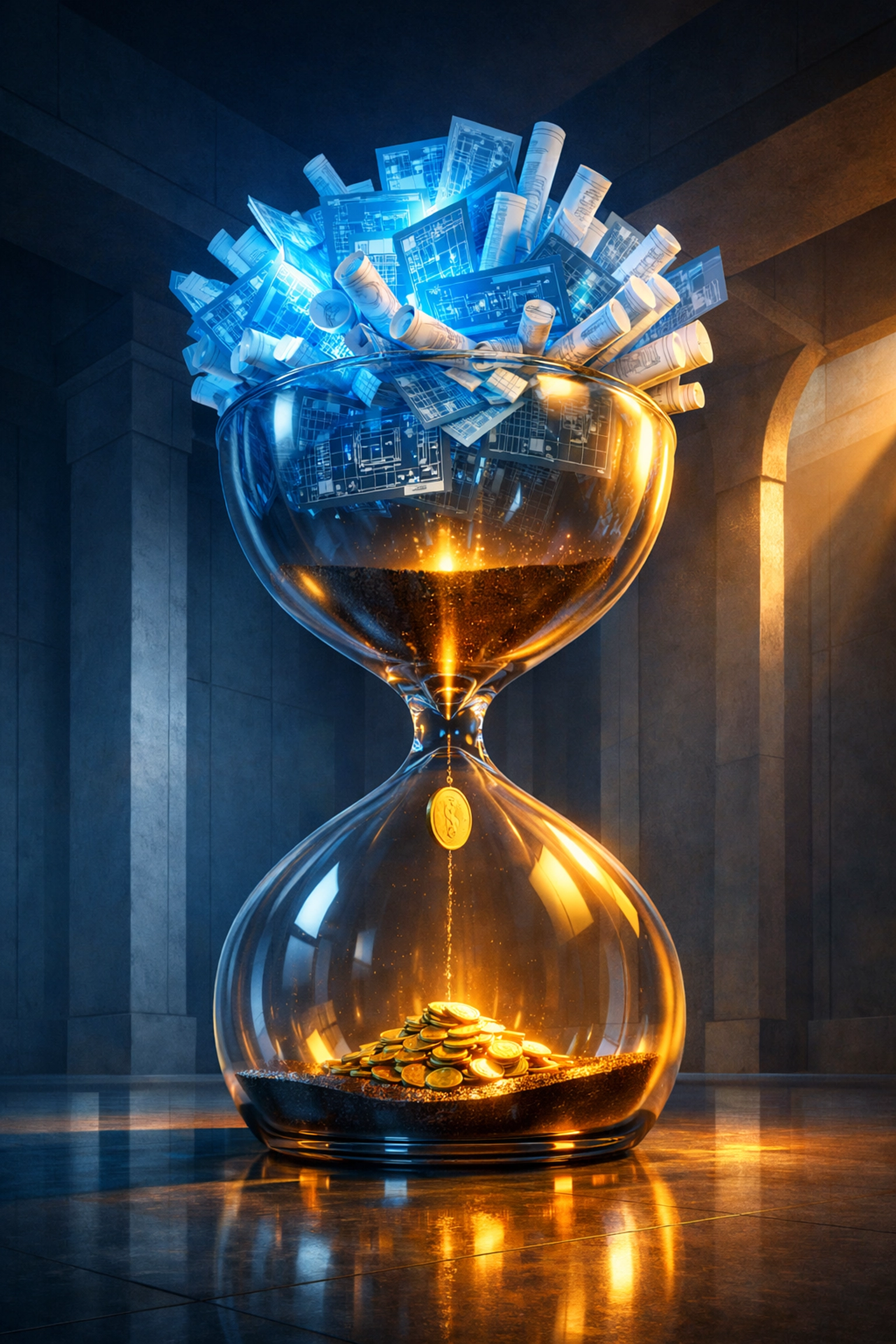 Hourglass showing paper profits turning into coins, illustrating small business cash flow.