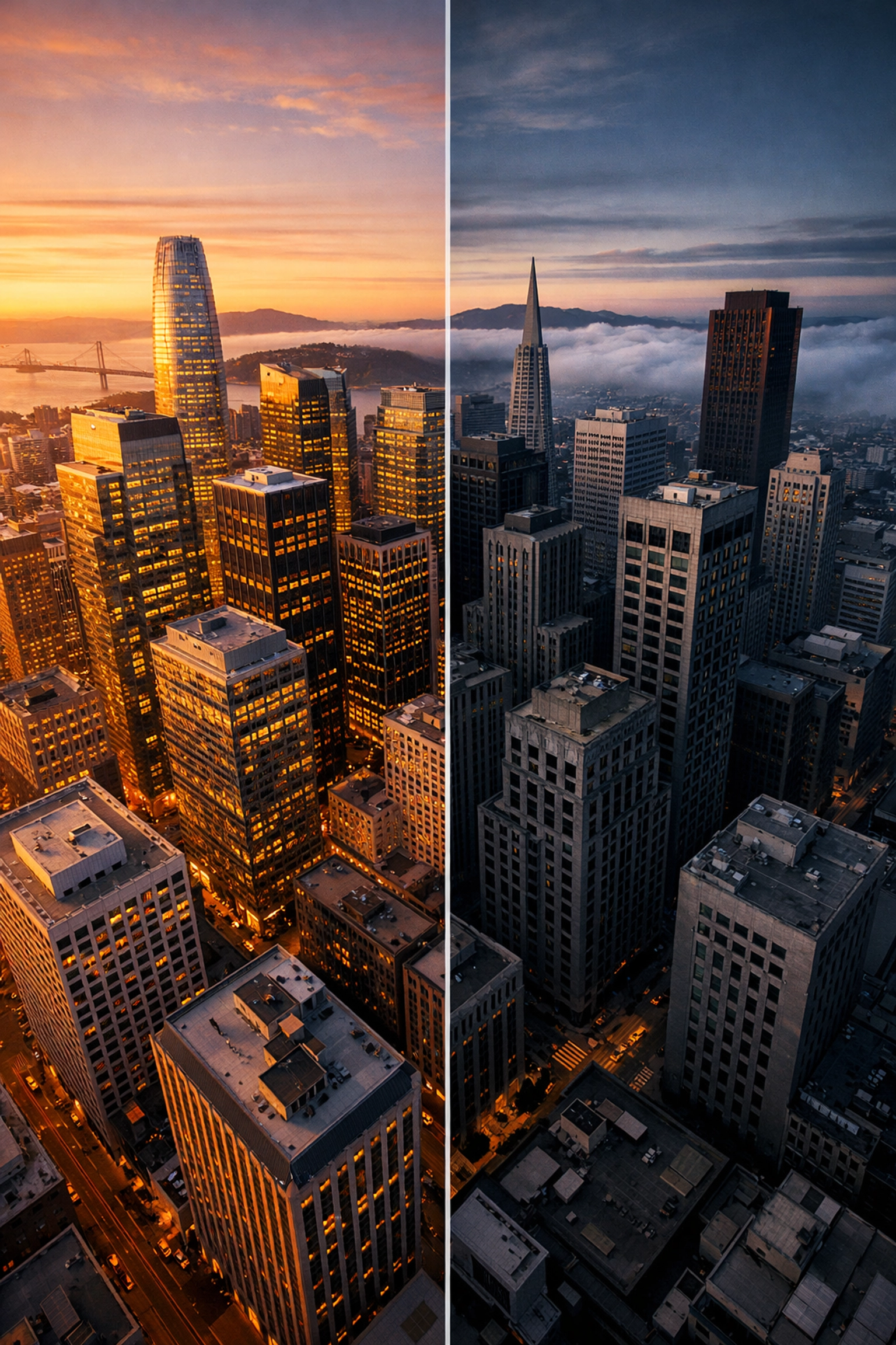 San Francisco Financial District showing occupied modern towers versus vacant older office buildings at sunset