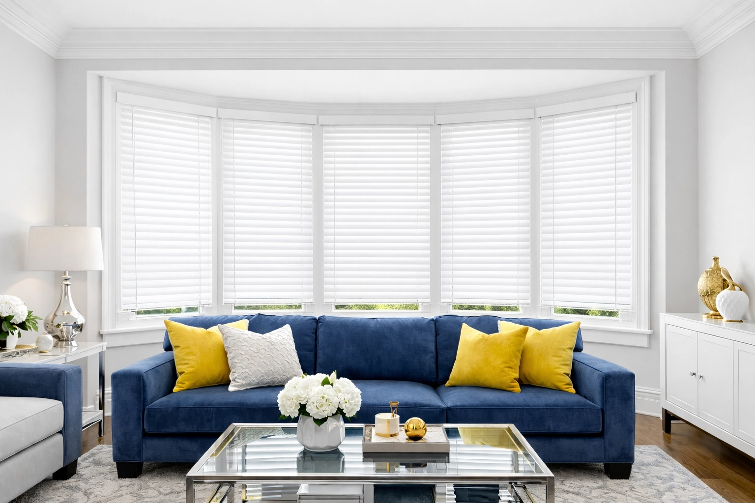 Spotless white blinds in a professionally cleaned luxury living room by The Cleaning Ninjas Inc.