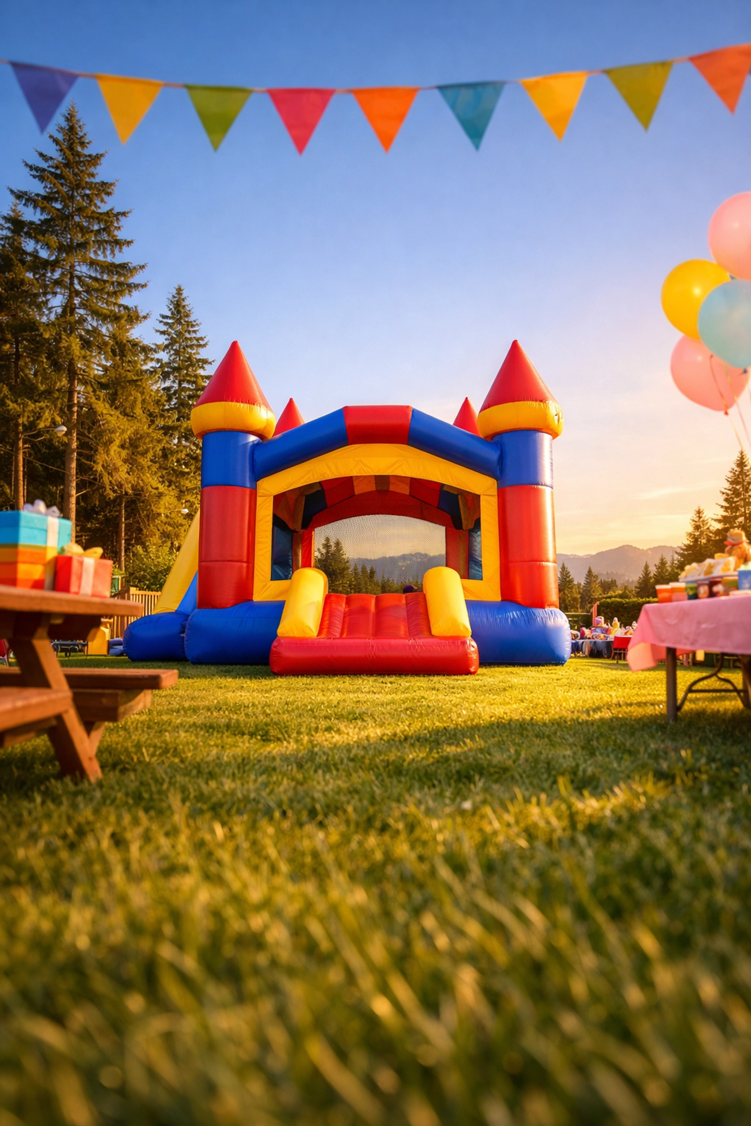 A colorful toddler bounce house rental set up for a birthday party in Courtenay, BC.