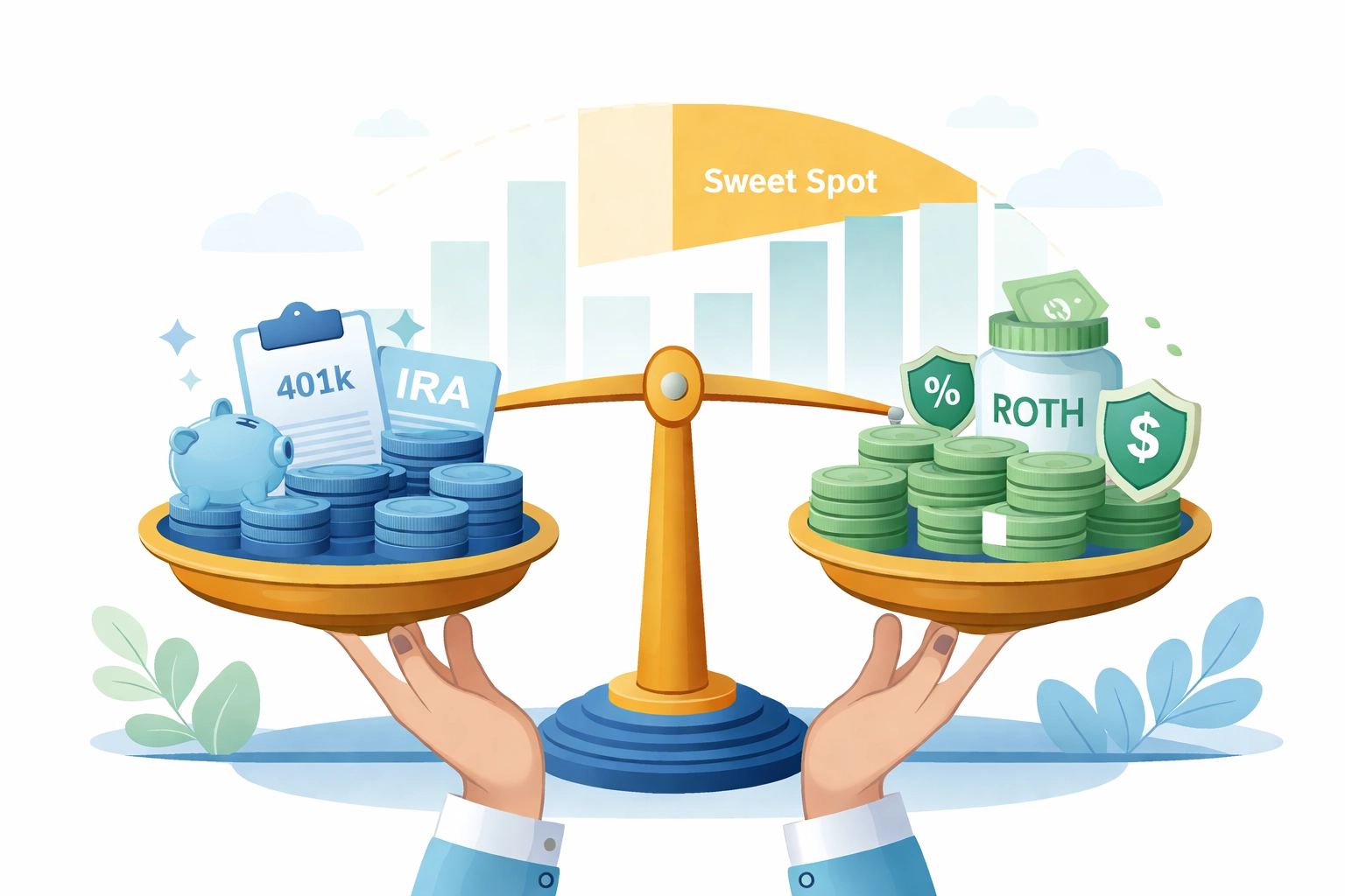Balanced scale showing retirement and Roth assets, highlighting strategic income management for tax savings in 2026.