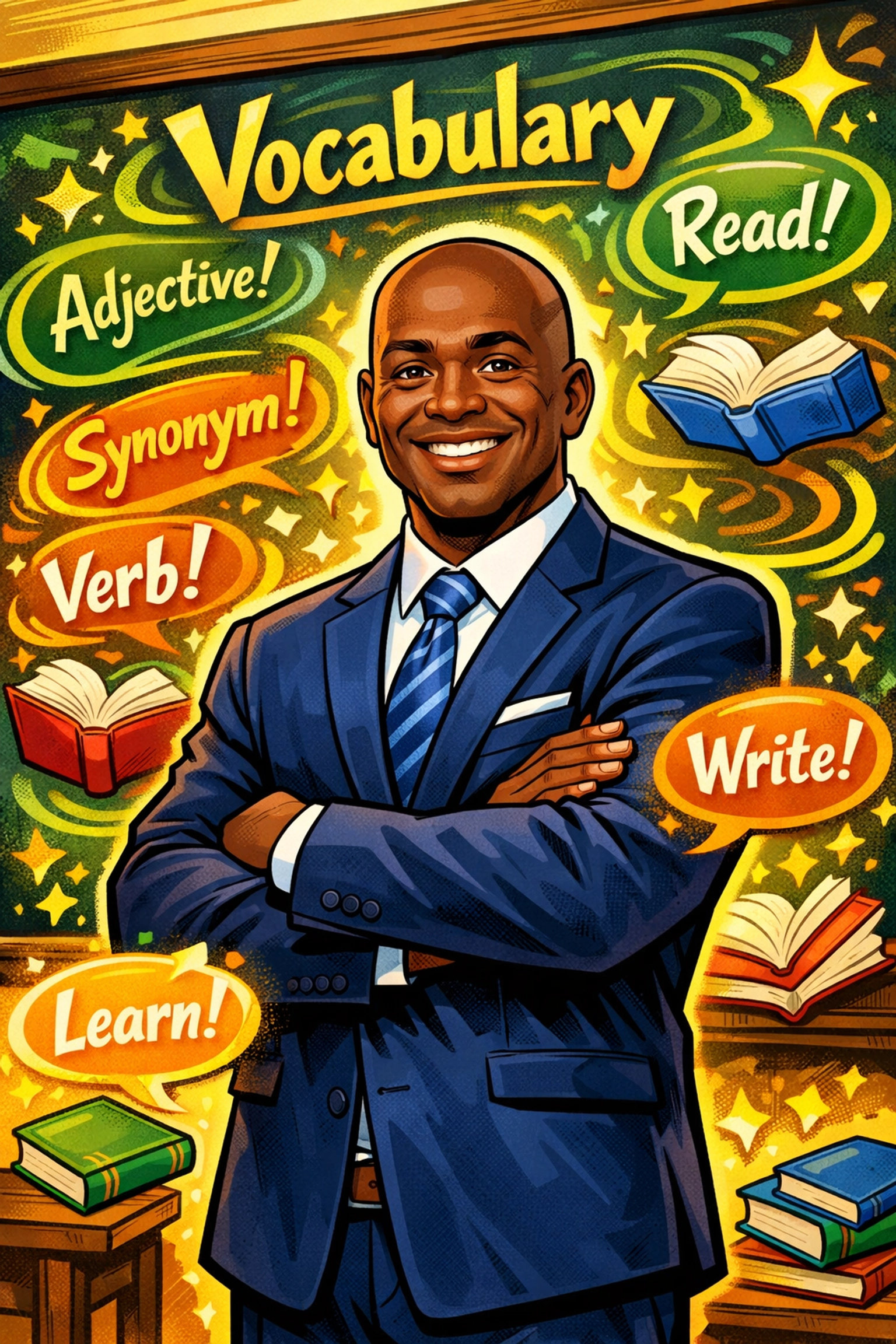 Professor Antonio teaching character-building vocabulary words to young men