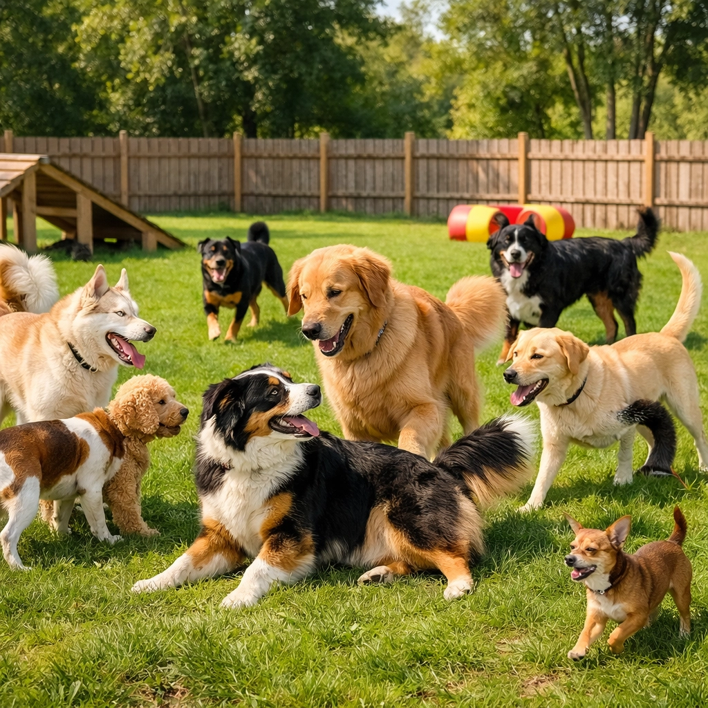 Dogs playing together at holistic dog daycare in Portland metro area