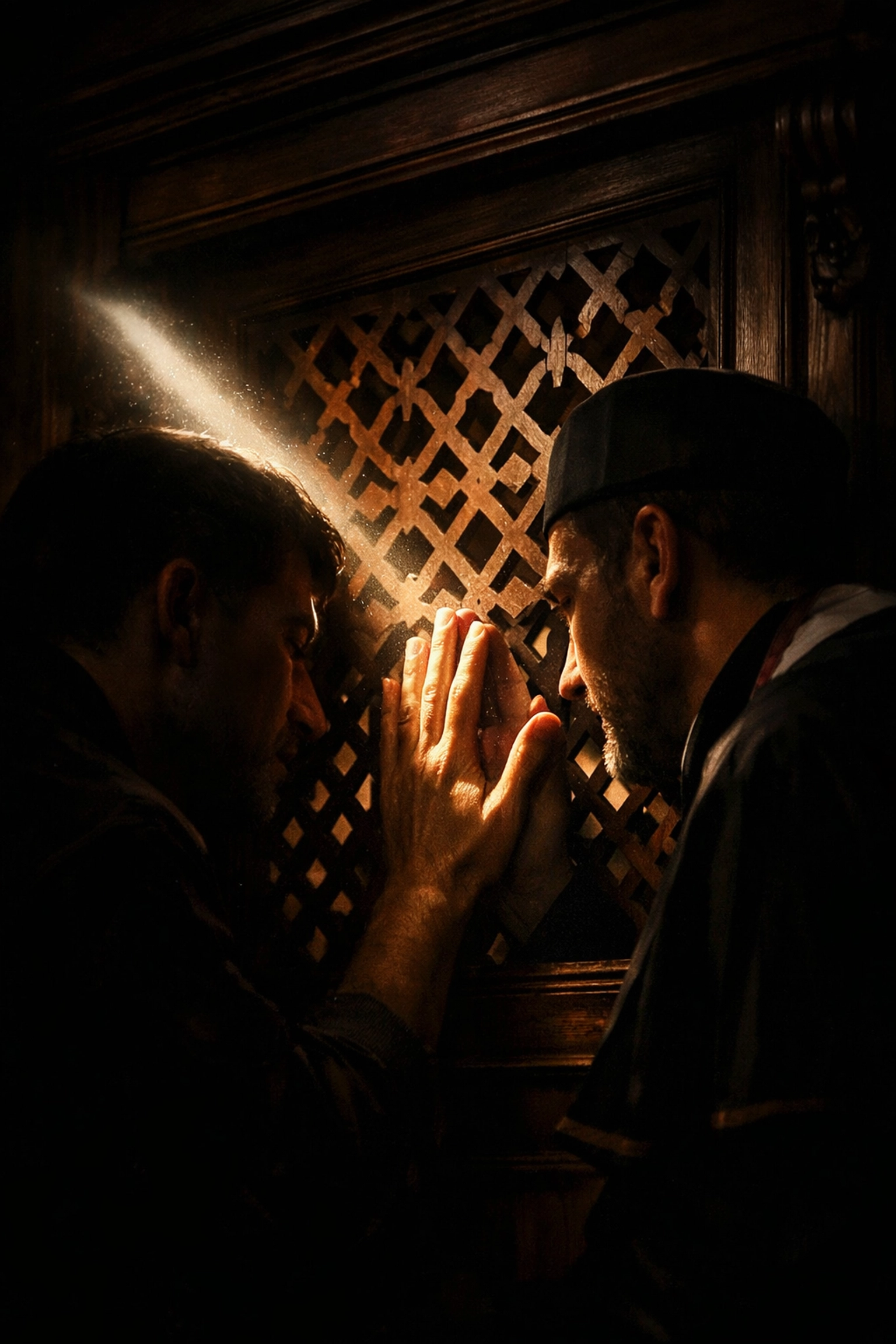 Two men touching hands through a confessional screen, exploring themes of faith and gay romance novels.