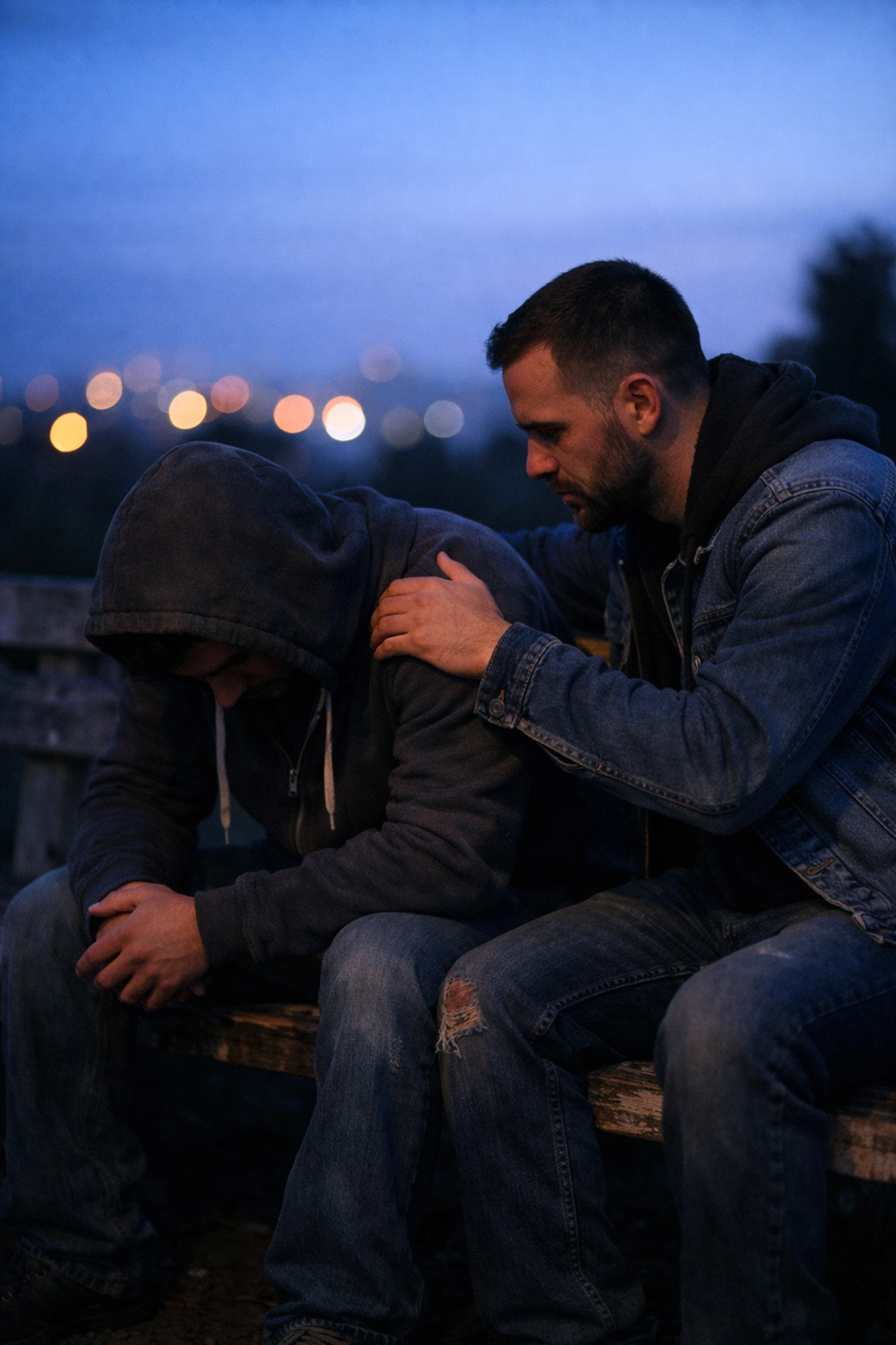 Two men sharing a quiet moment of support on a park bench at dusk, highlighting the struggle for survival in gay fiction.