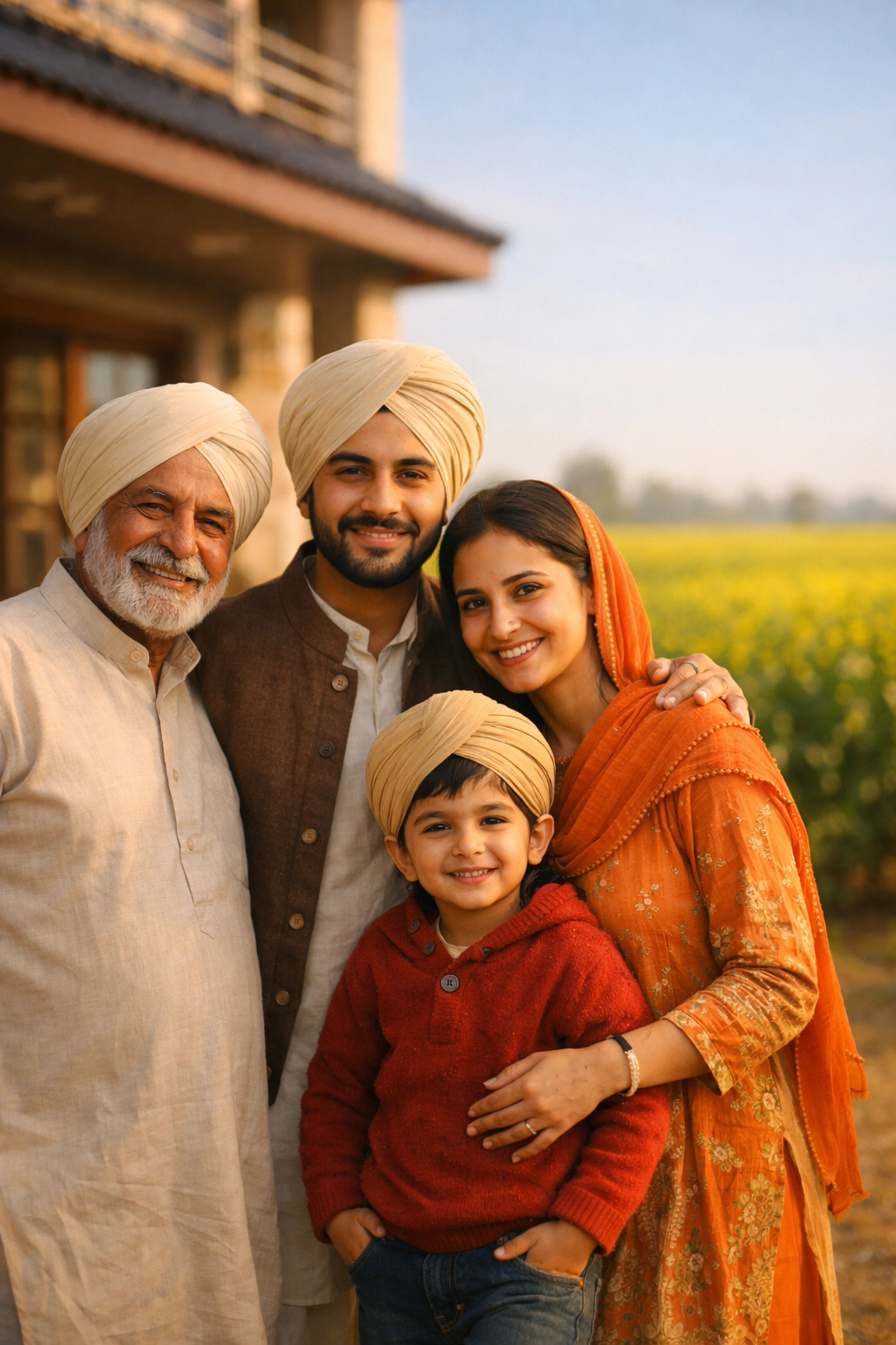 A family in Punjab standing before their home, illustrating property ownership and strong ties for visa approval.