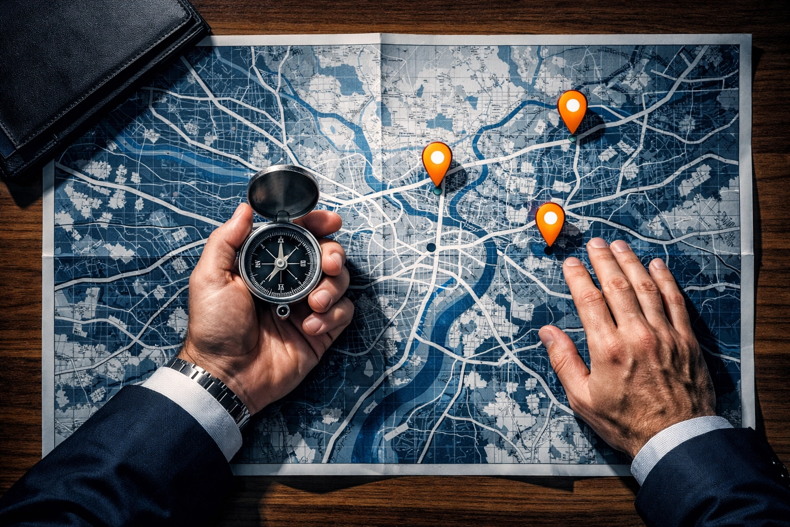 Business strategy planning with compass and roadmap for founder decision-making