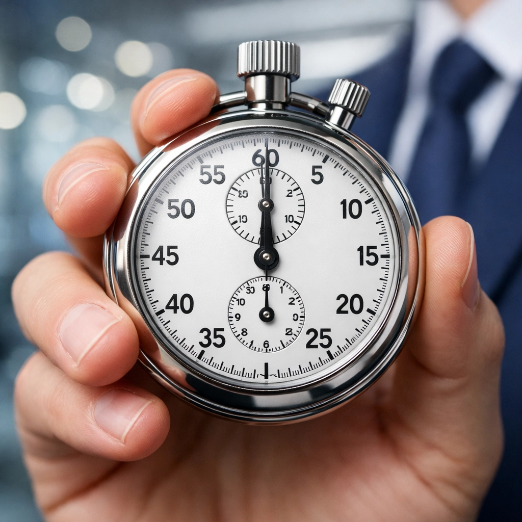 An agency professional measuring speed with a stopwatch for fast competitive analysis results.