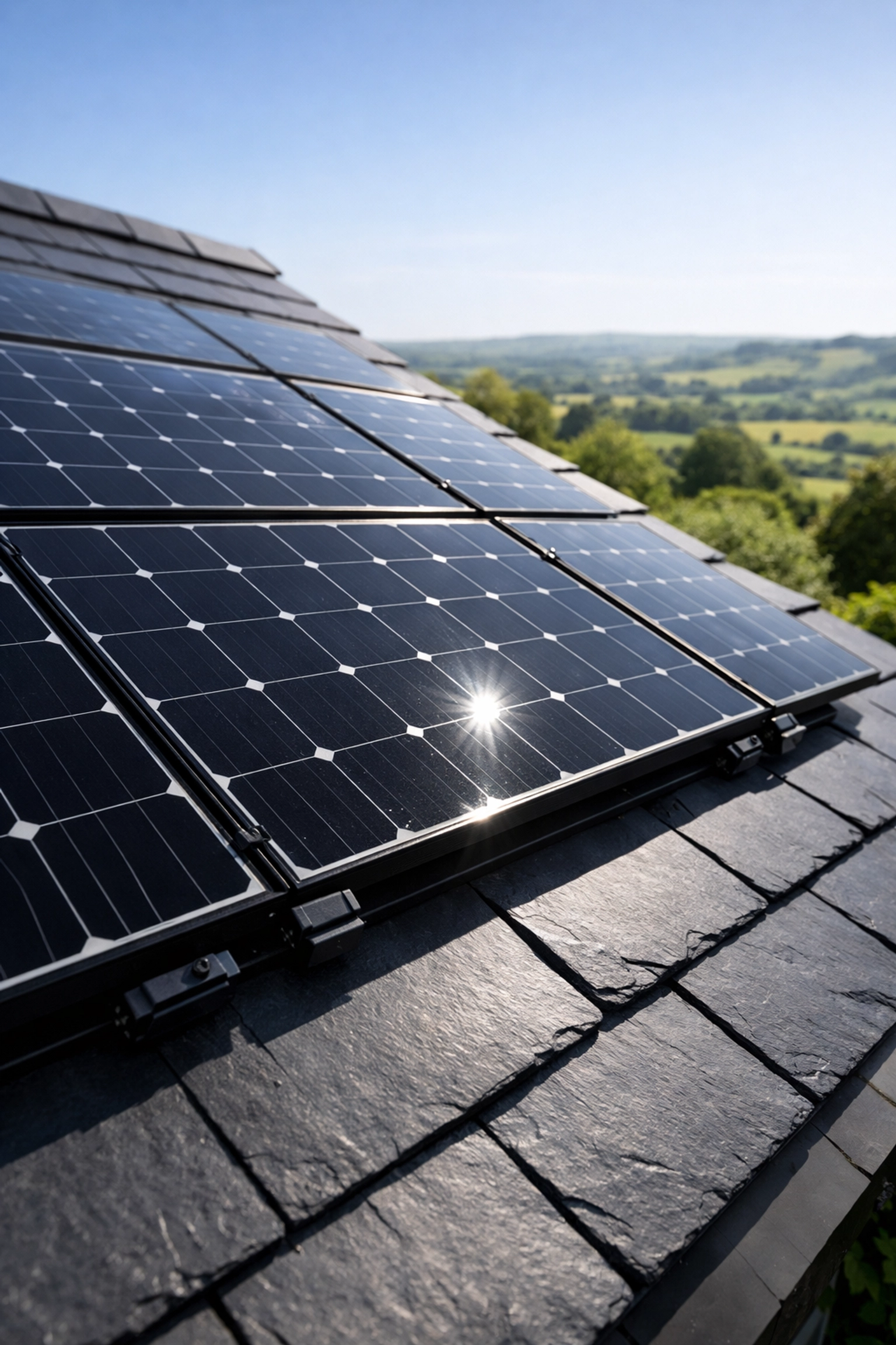 Premium MCS-approved solar panels installed on a modern slate roof in Ferndown, Dorset.