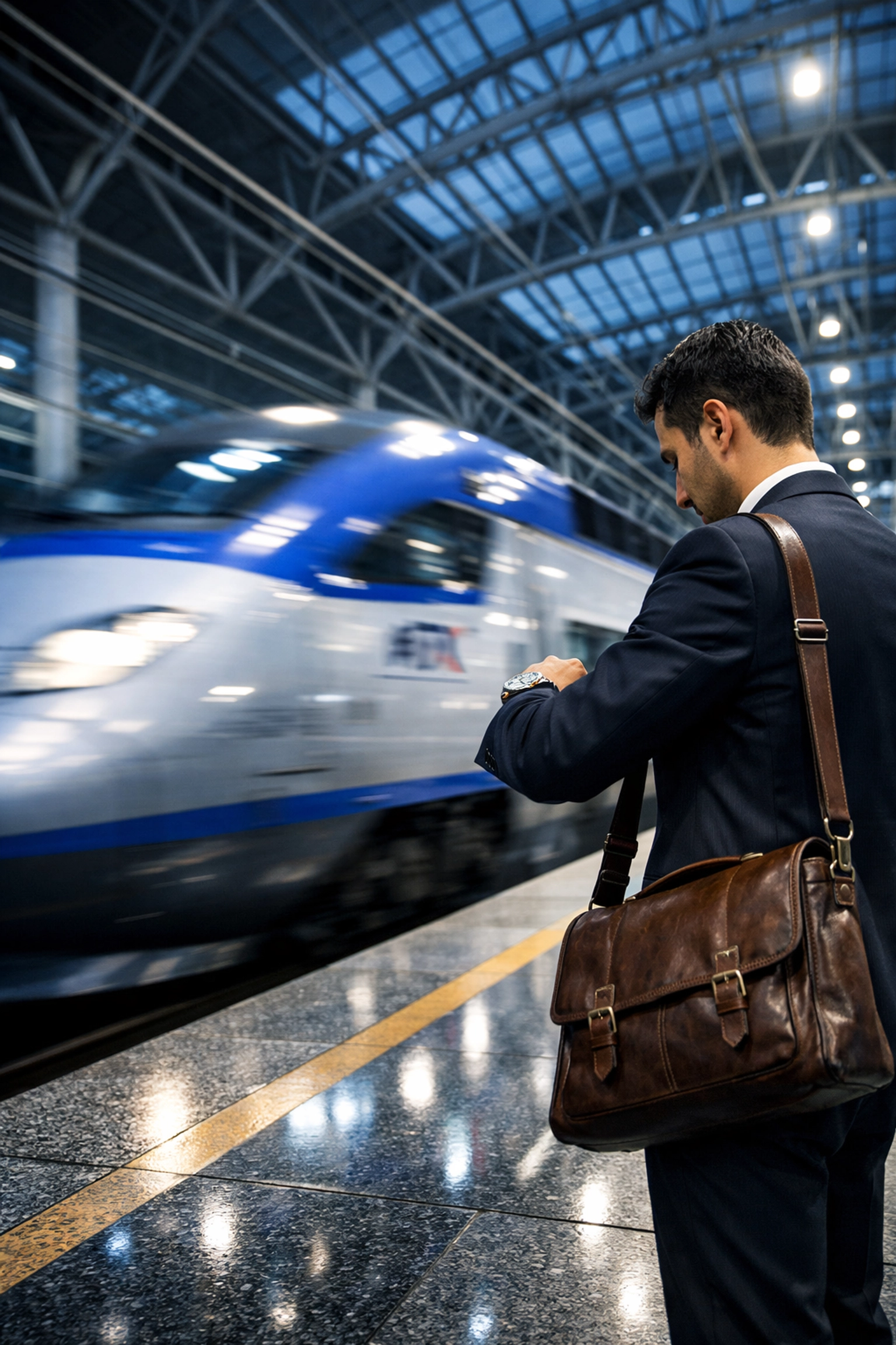A high-speed KTX train blurring through a station as a traveler checks his watch for punctuality in Korea.