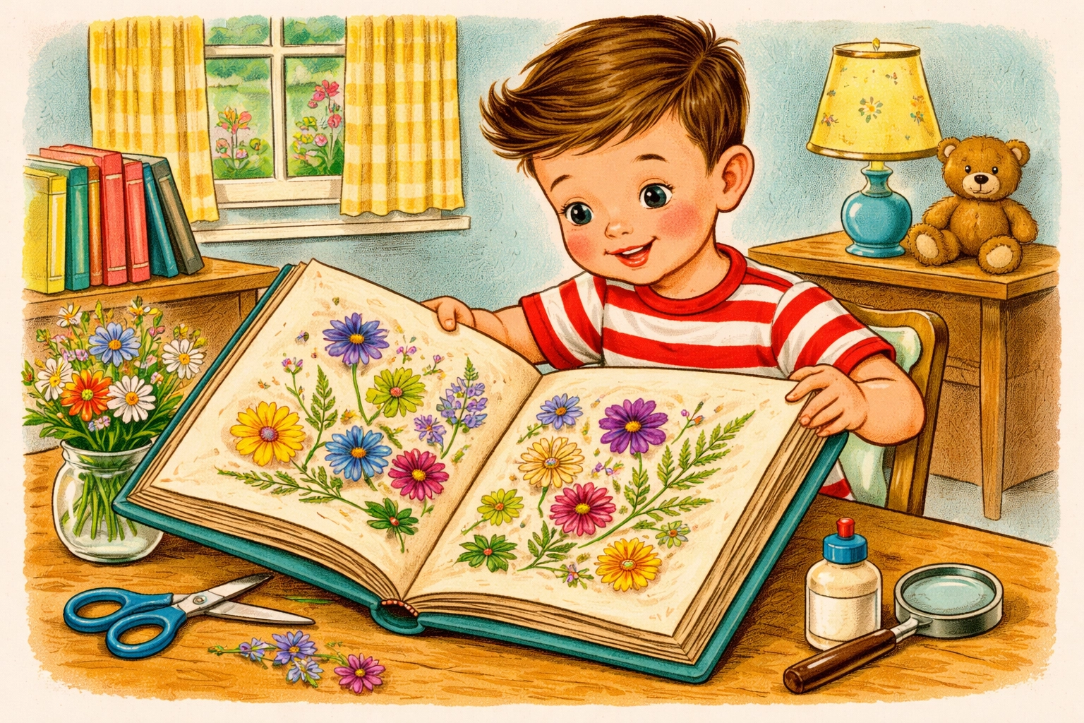 Child joyfully opening a book to reveal pressed flowers, showing the magic of homemade botanical crafts
