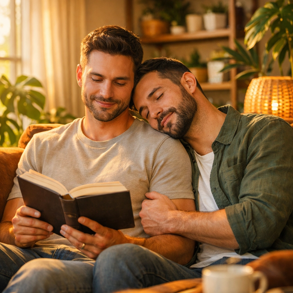 An intimate gay couple enjoying MM romance books together in a warm, sun-drenched modern living room.