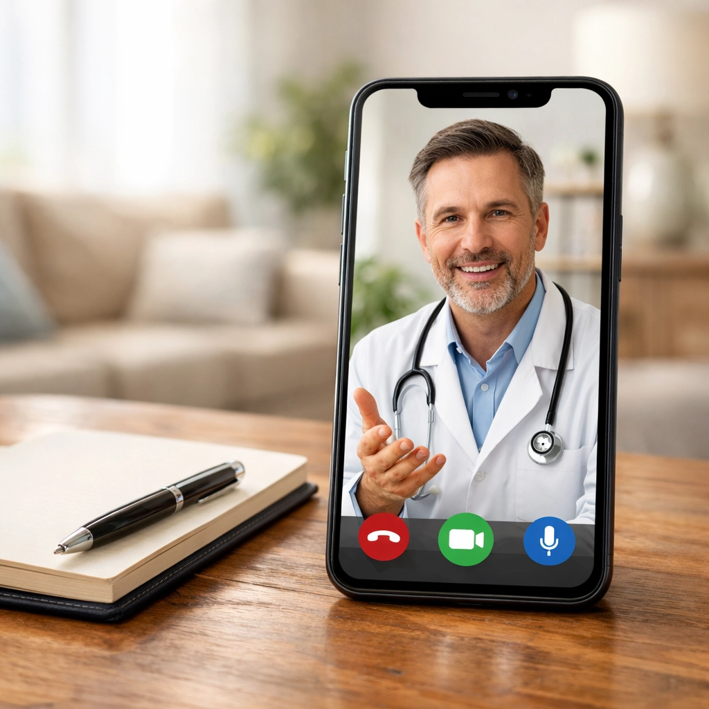 A telemedicine consultation on a smartphone with a licensed doctor for professional weight loss medical supervision.