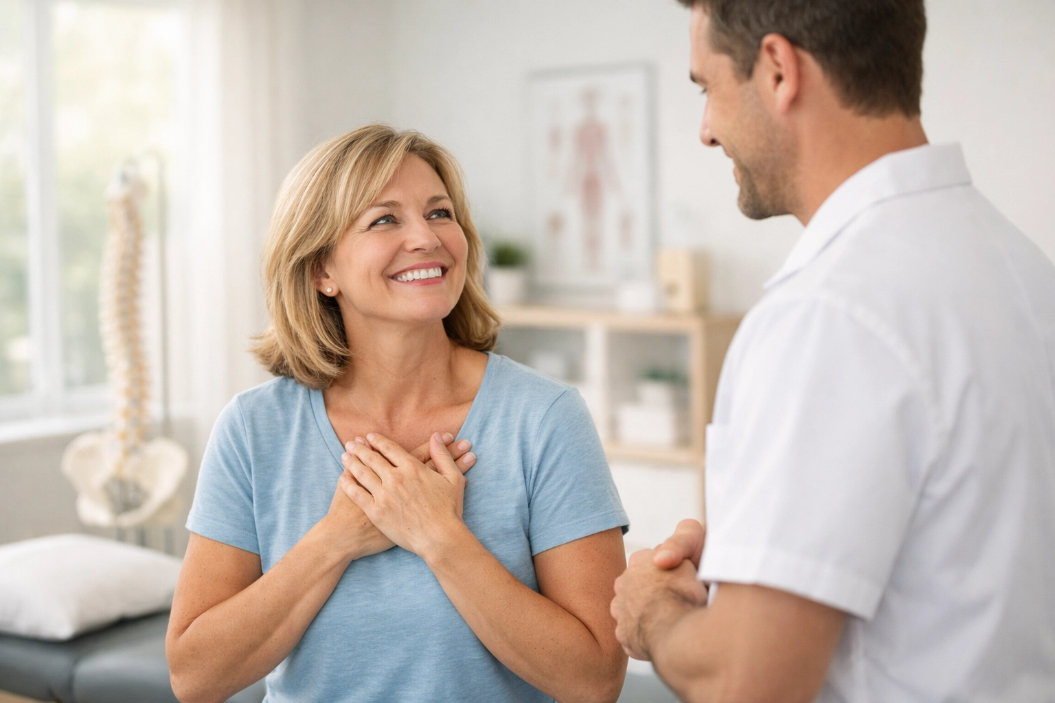 A smiling patient thanking their chiropractor in a modern, professional chiropractic clinic.