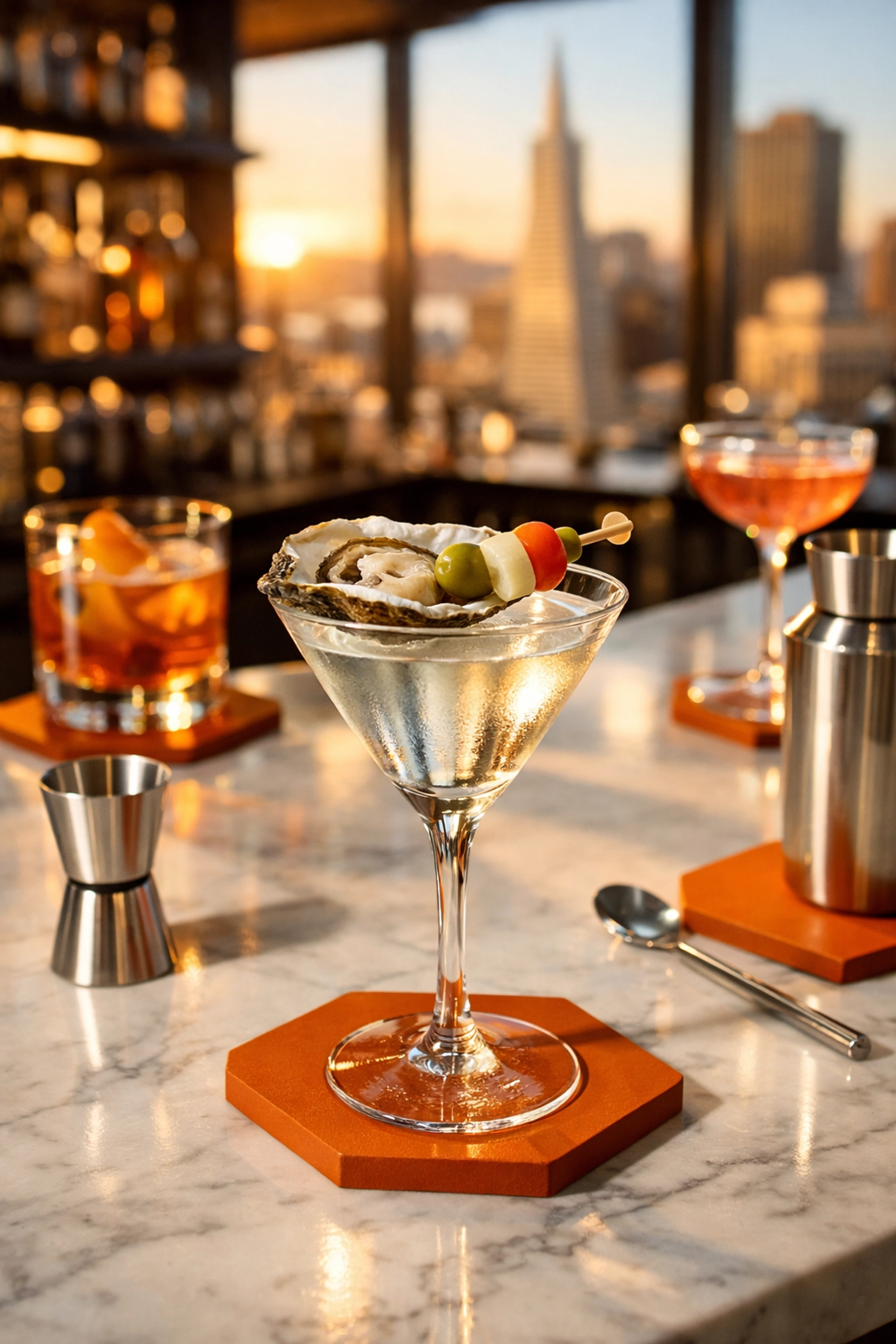 Savory martini with oyster garnish at upscale San Francisco cocktail bar