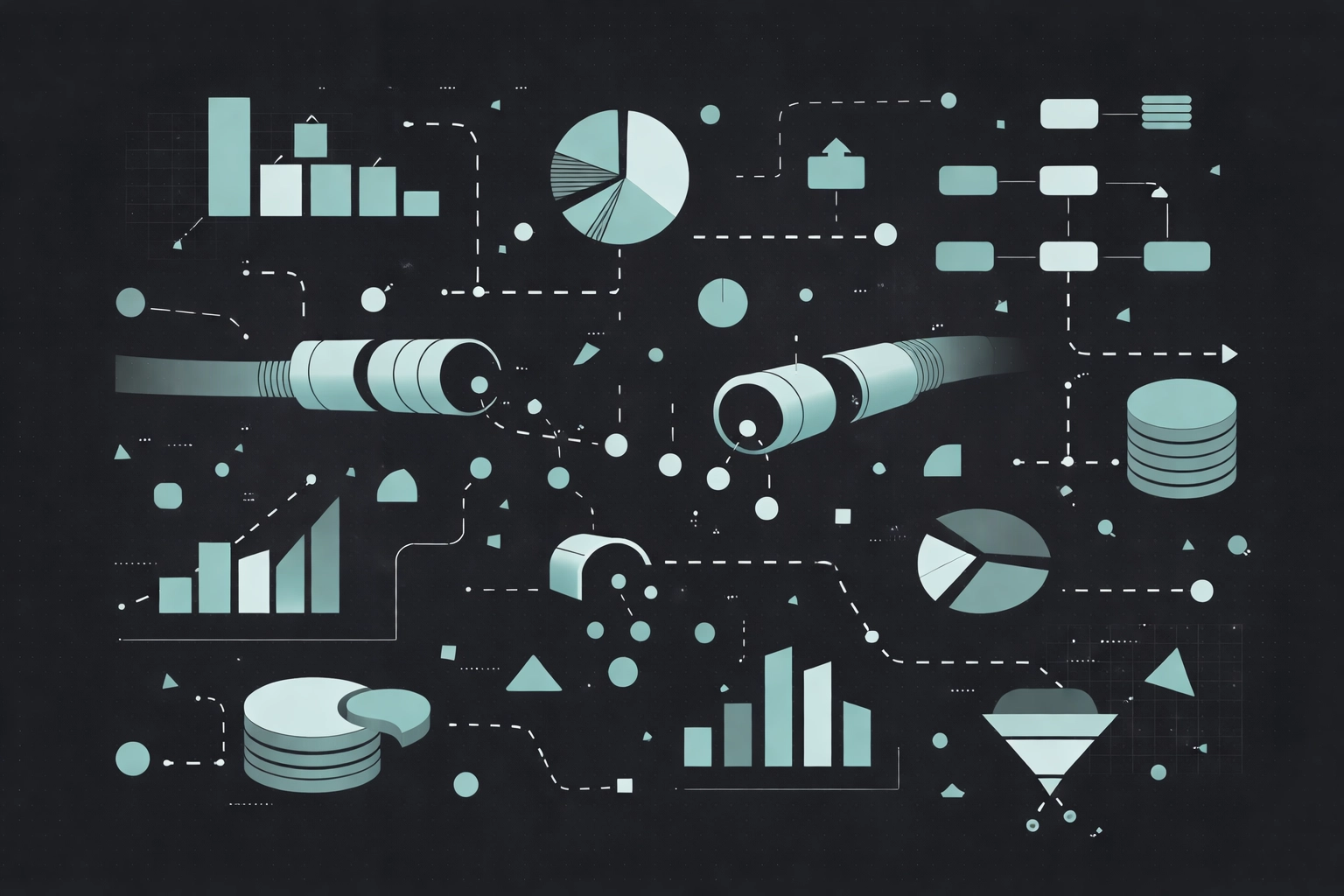 Abstract illustration of broken data pipelines and disconnected nodes, highlighting challenges with personalization at scale for remote SDR and AI SDR approaches.