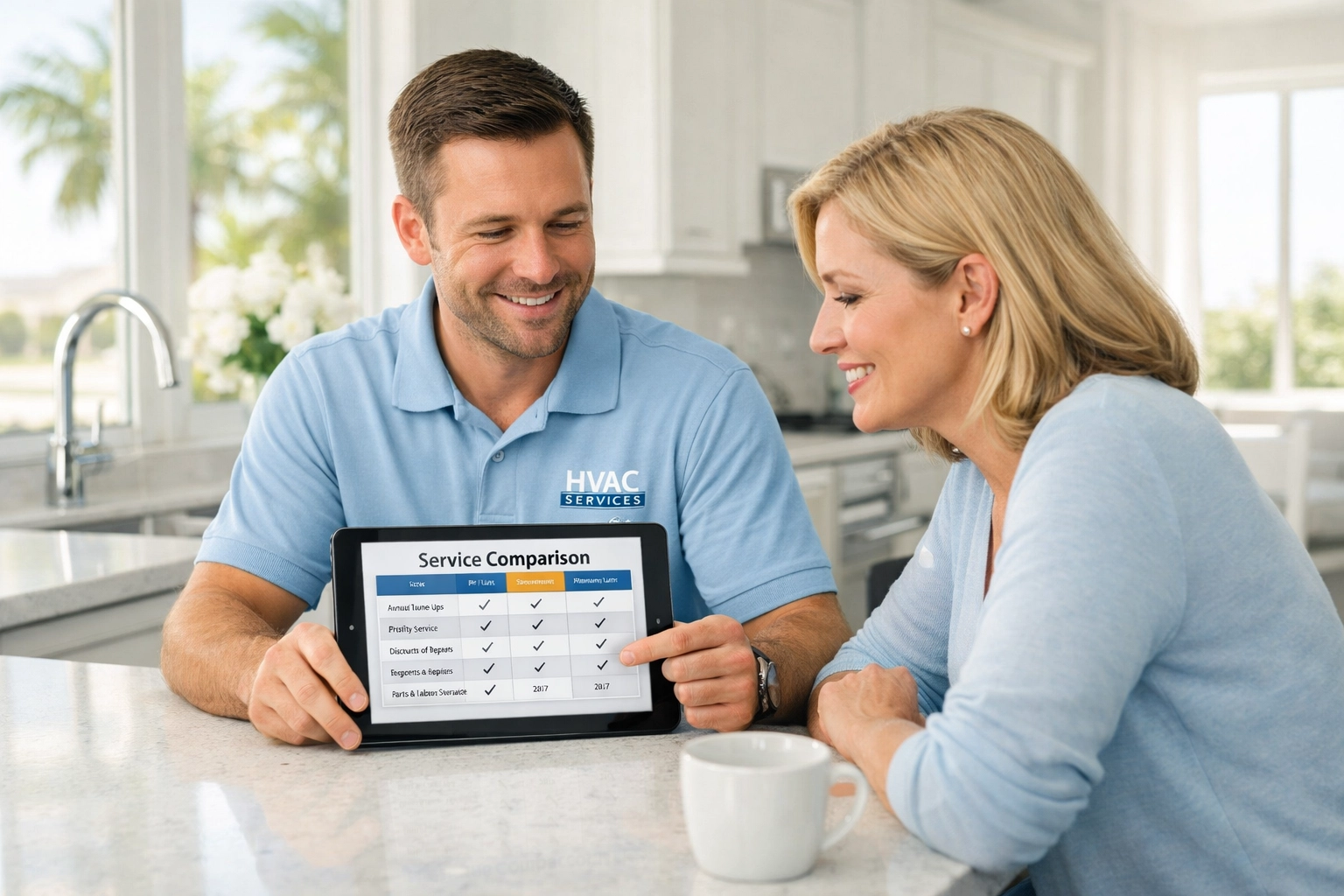 Florida HVAC technician explaining AC installation and repair costs to a homeowner on a tablet.