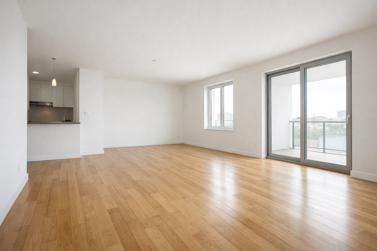 Empty apartment interior ready for turnover with hardwood floors and natural light