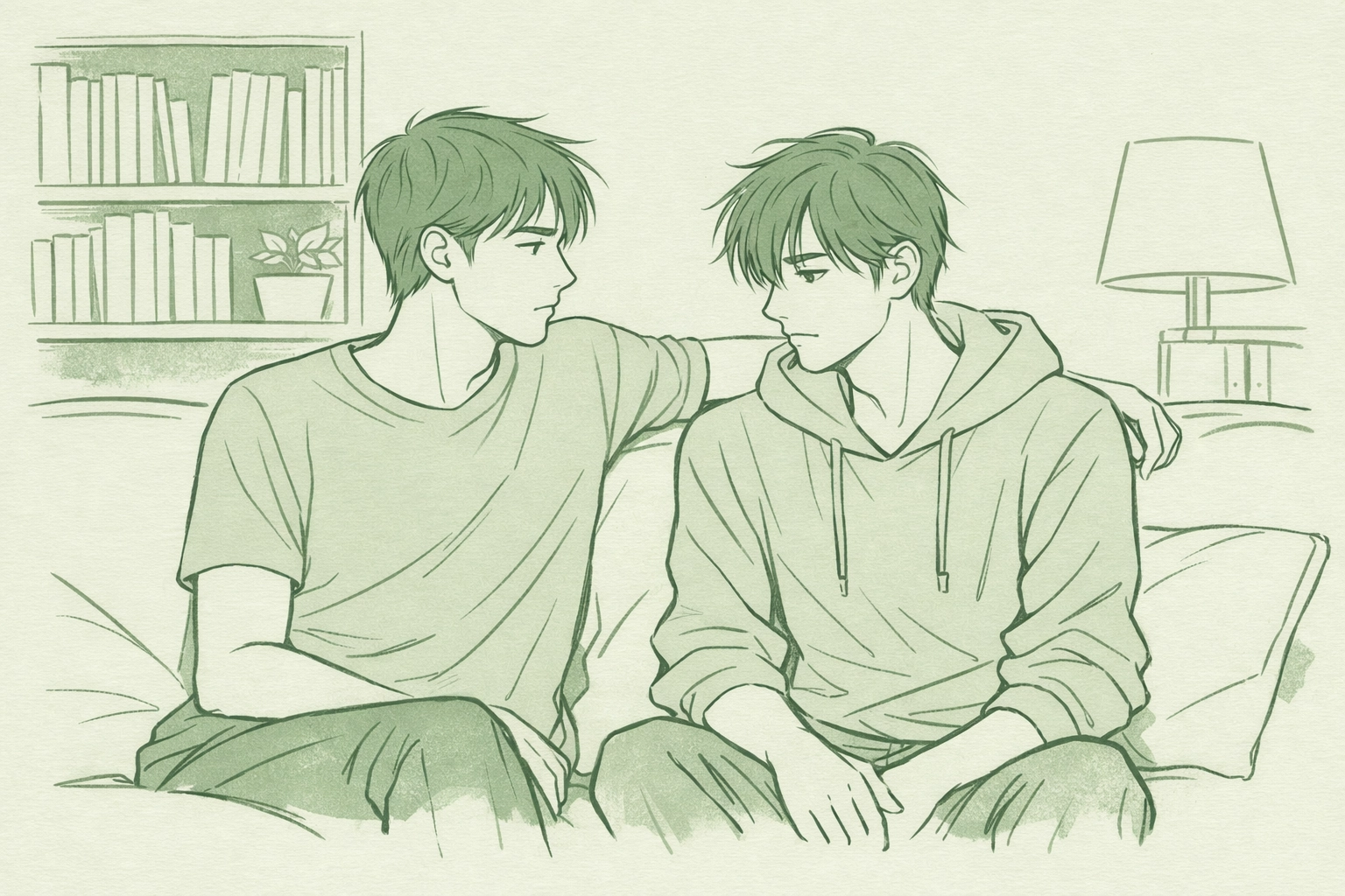 Two step-brothers sharing unspoken attraction on couch in MM romance illustration