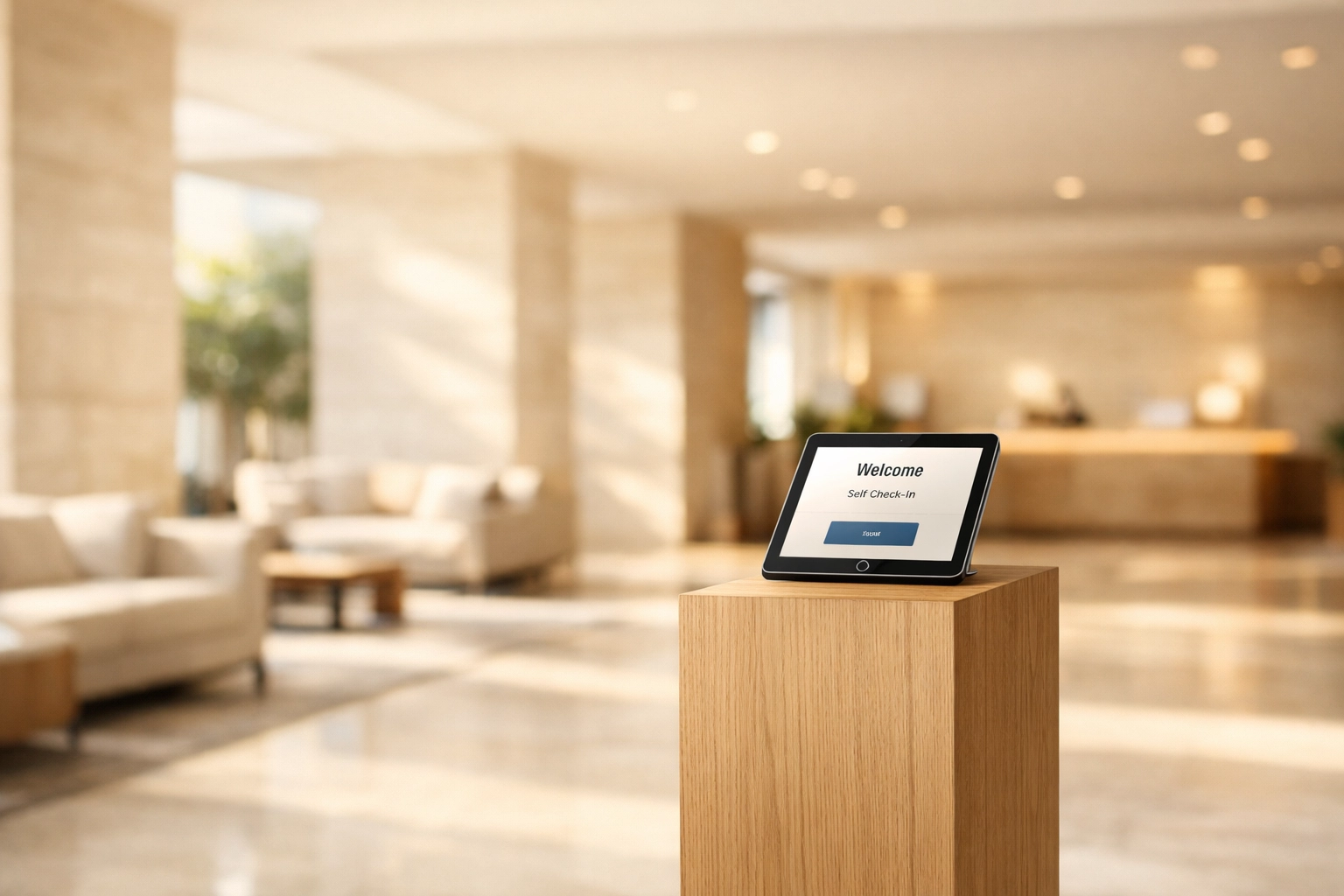 Self-check-in kiosk in a modern lobby highlighting automated guest experiences and innovation.