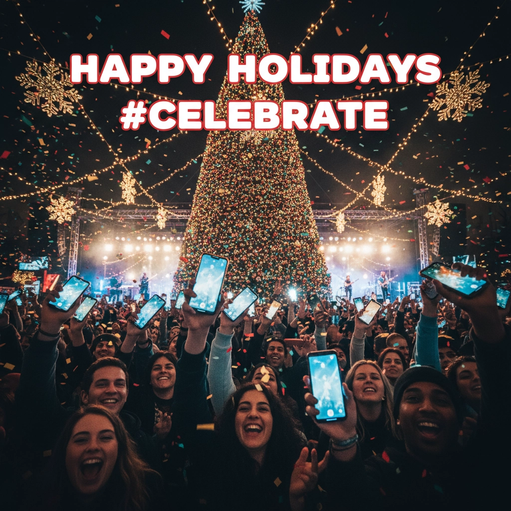 A joyful crowd gathers around a dazzling Christmas tree, celebrating the holiday season with bright smiles and raised phones capturing the moment. Festive lights and confetti add to the cheerful atmosphere, as the hashtag #Celebrate encourages sharing the joy.


