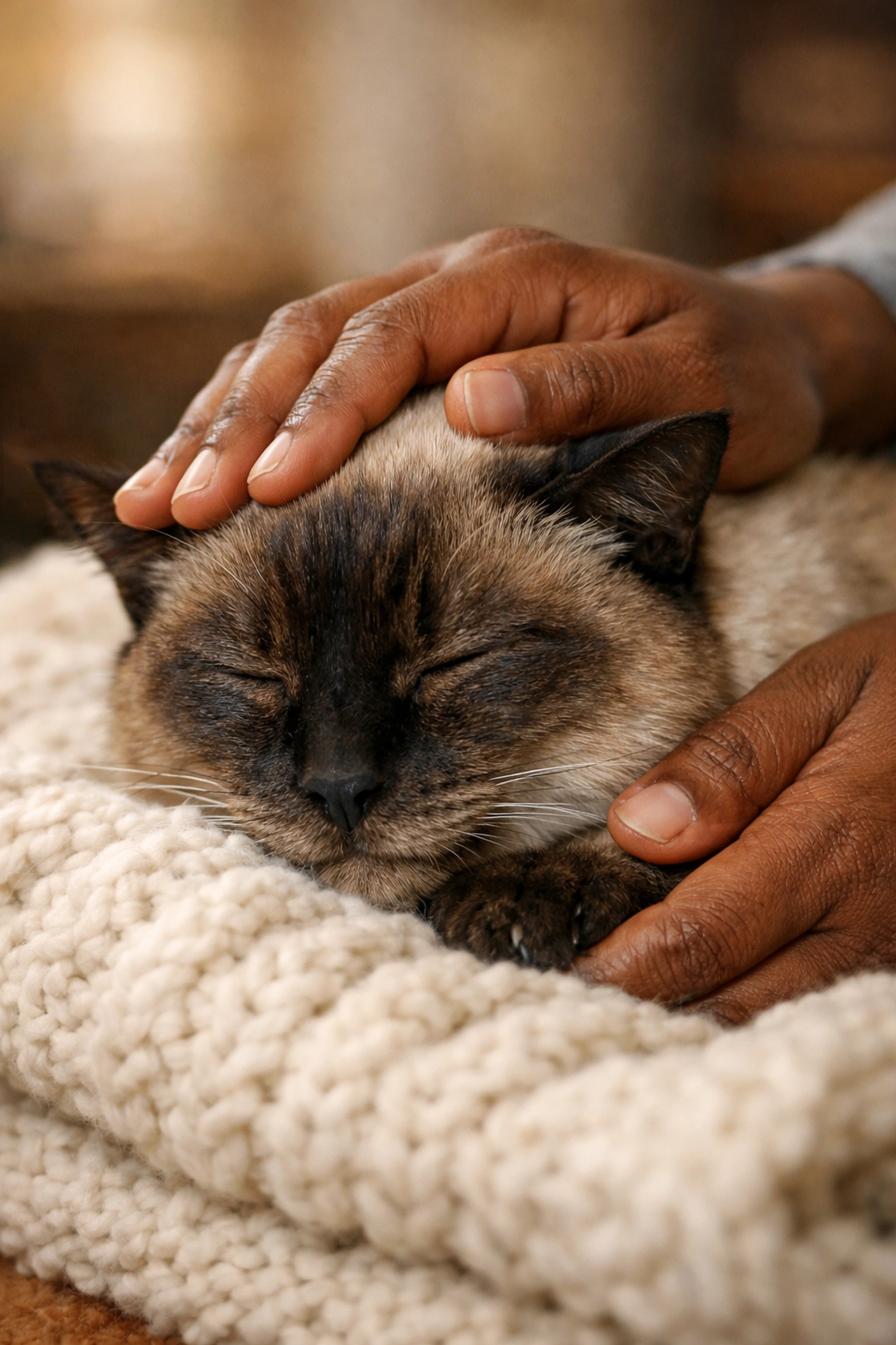 Senior Siamese cat receiving gentle care at home as an alternative to cat boarding in Walnut Creek.